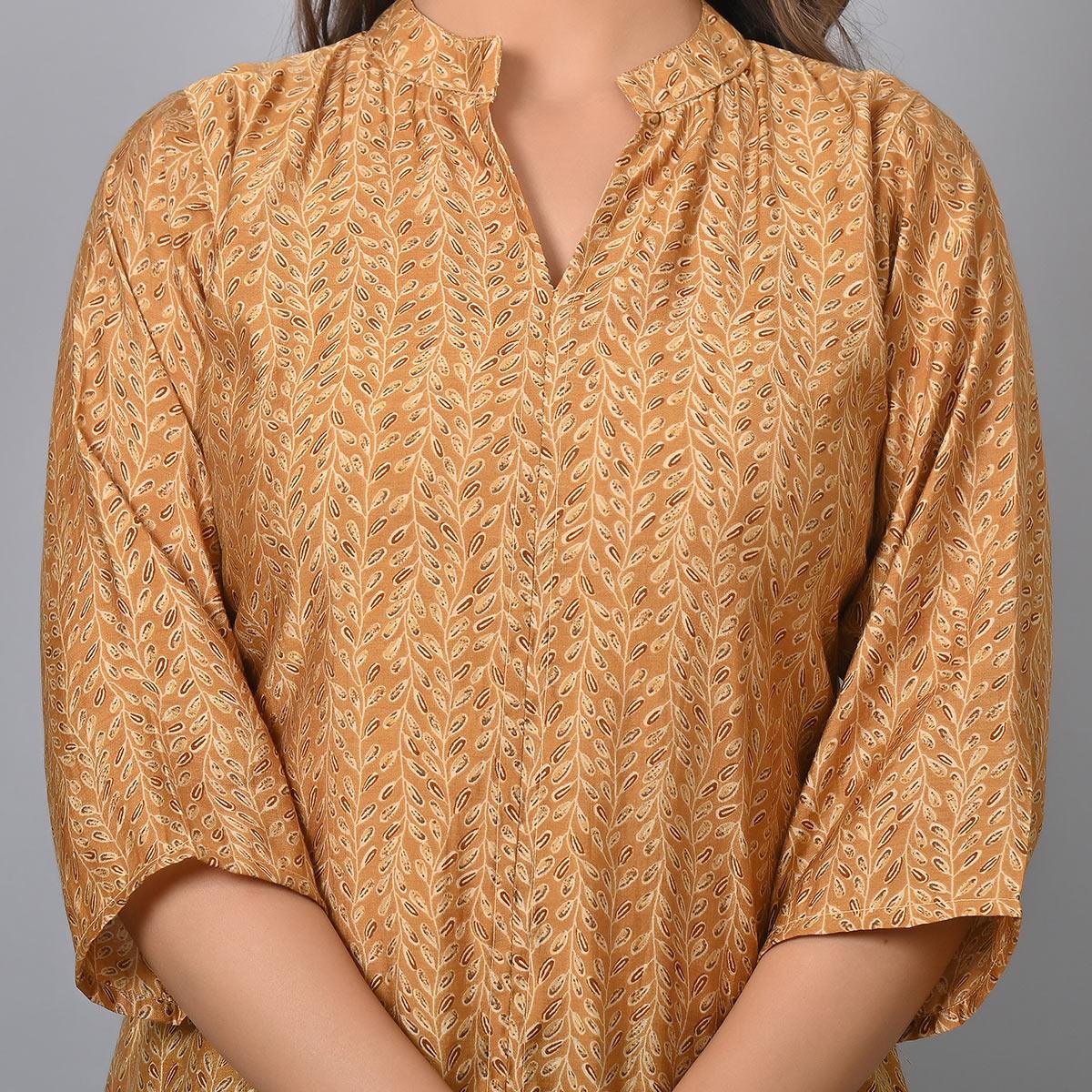 Chikoo Colored Floral Printed Chanderi Top - Peachmode