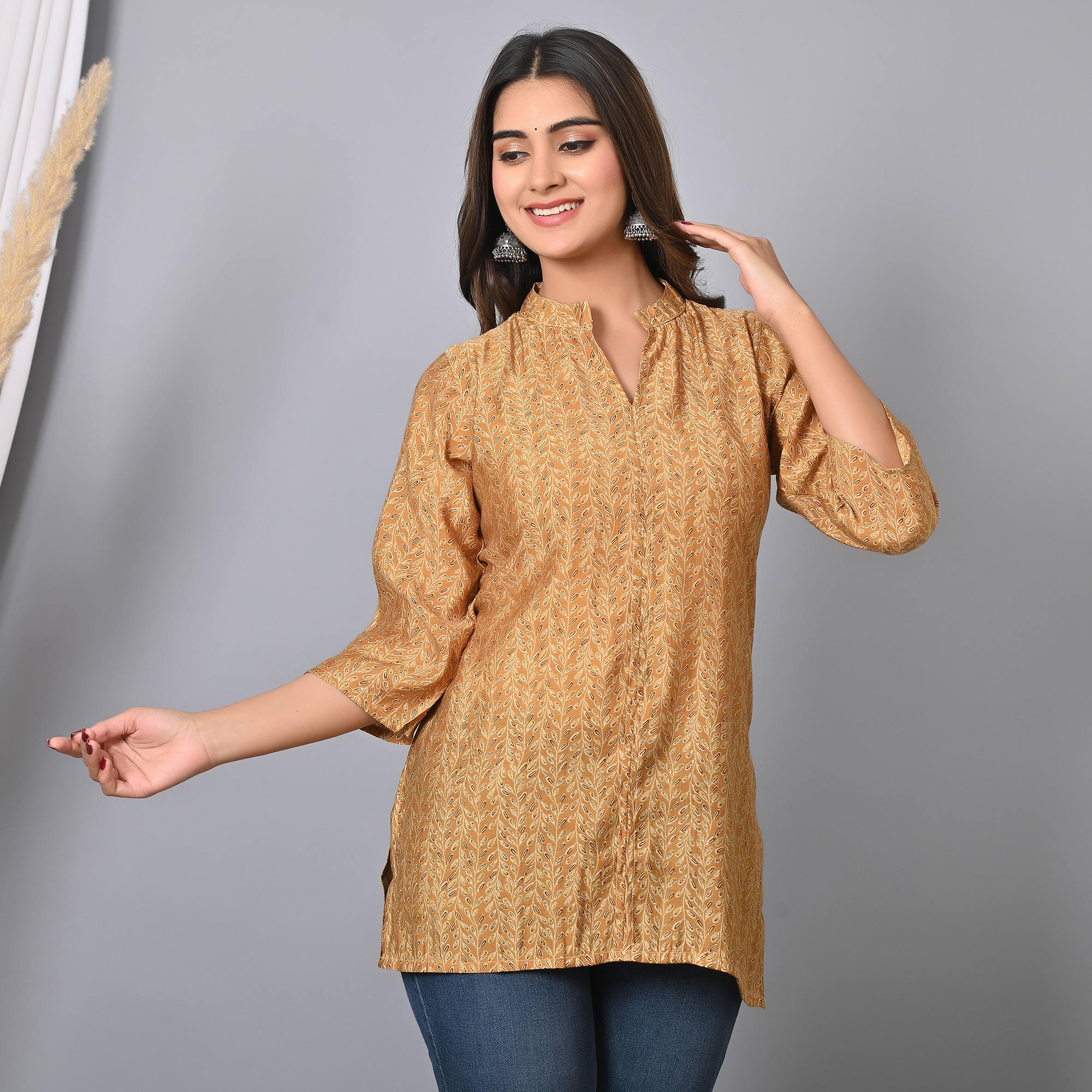 Chikoo Colored Floral Printed Chanderi Top - Peachmode