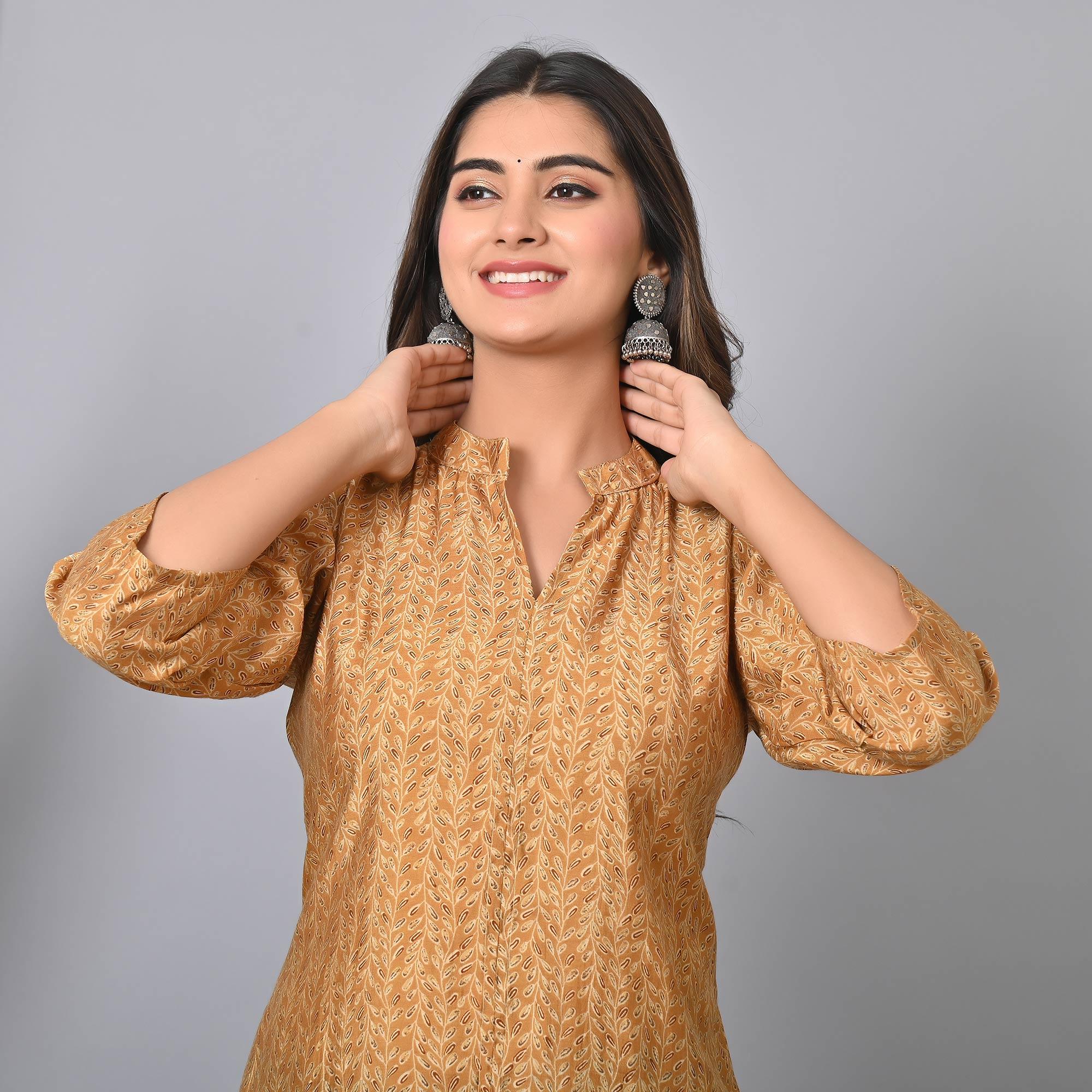 Chikoo Colored Floral Printed Chanderi Top - Peachmode