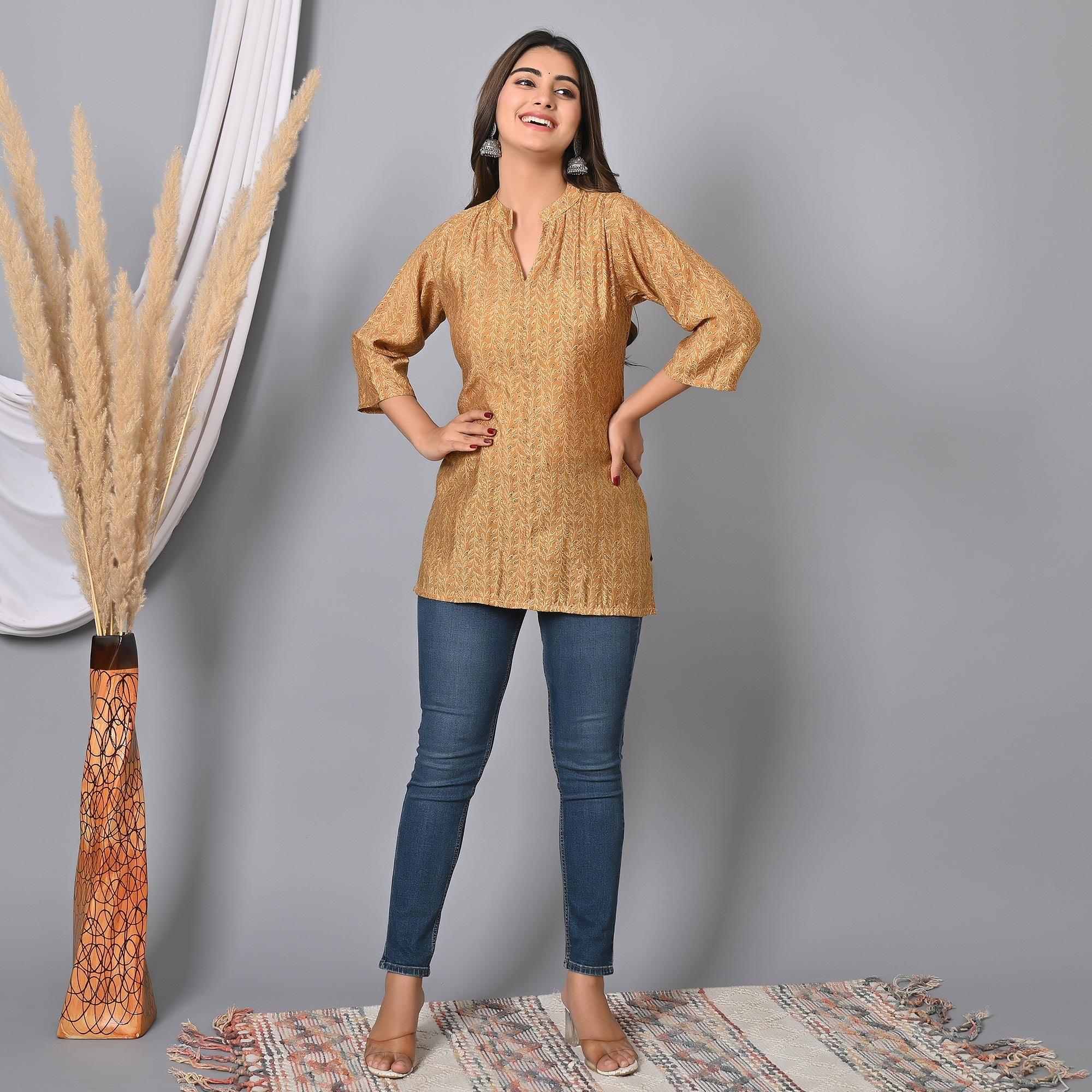 Chikoo Colored Floral Printed Chanderi Top - Peachmode