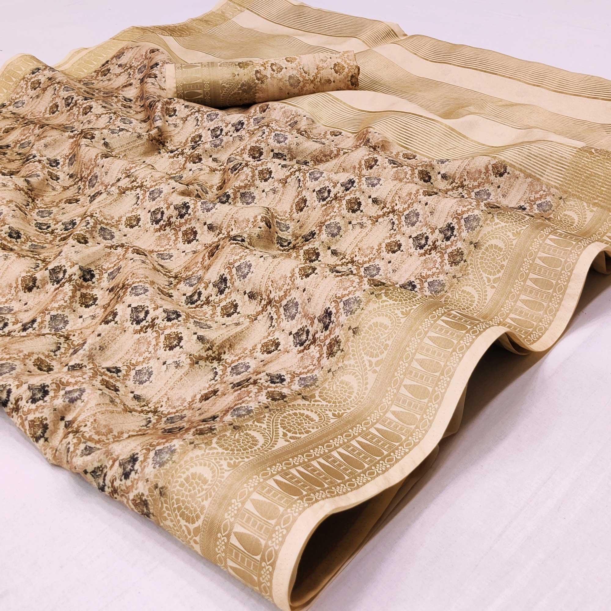 Chikoo Digital Printed Dola Silk Saree - Peachmode