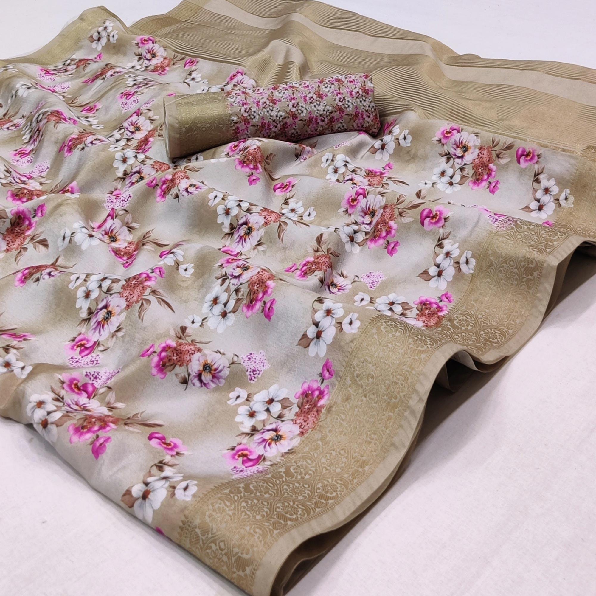 Chikoo Digital Printed Dola Silk Saree - Peachmode