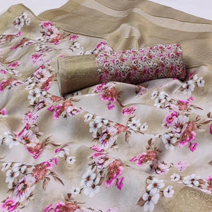 Chikoo Digital Printed Dola Silk Saree - Peachmode