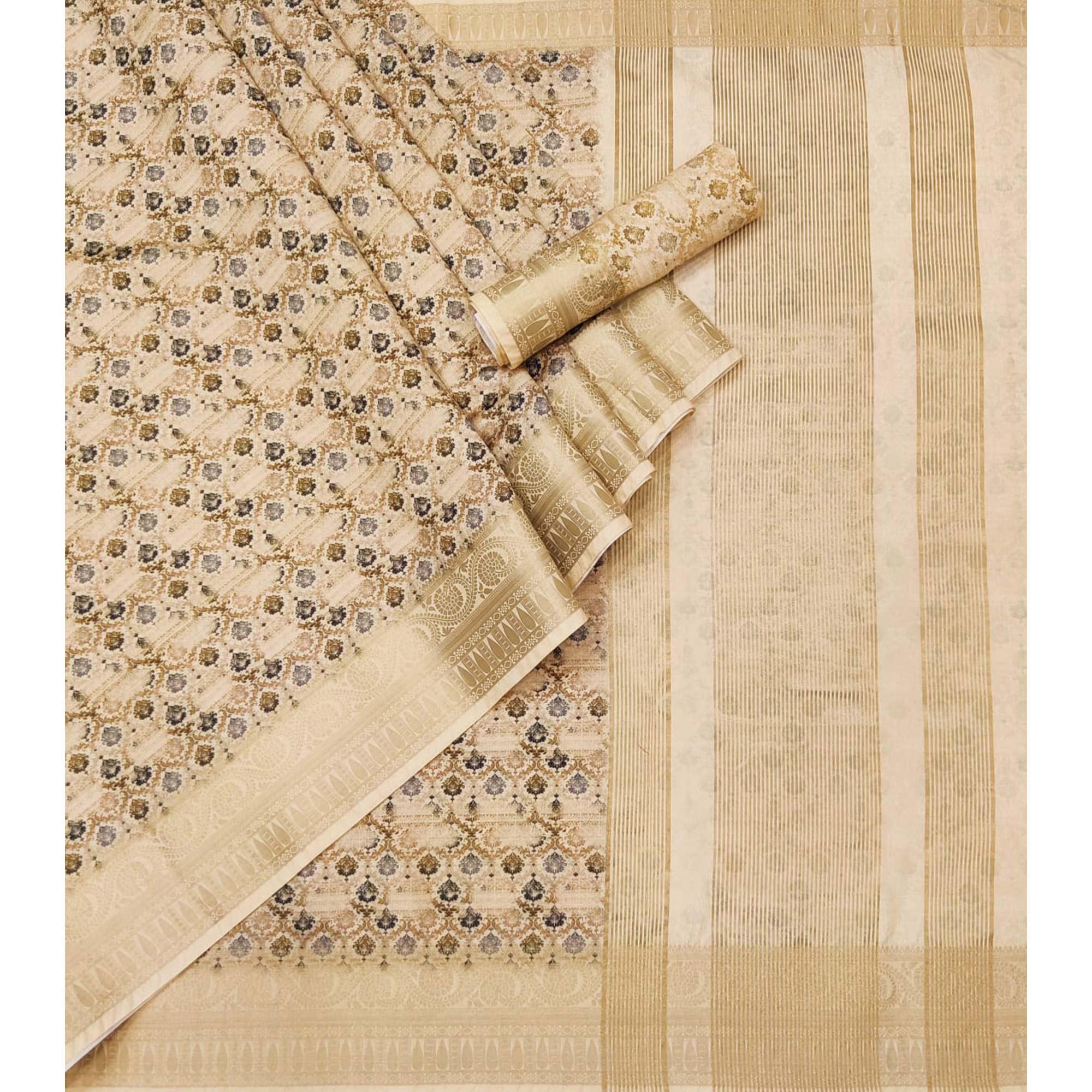 Chikoo Digital Printed Dola Silk Saree - Peachmode