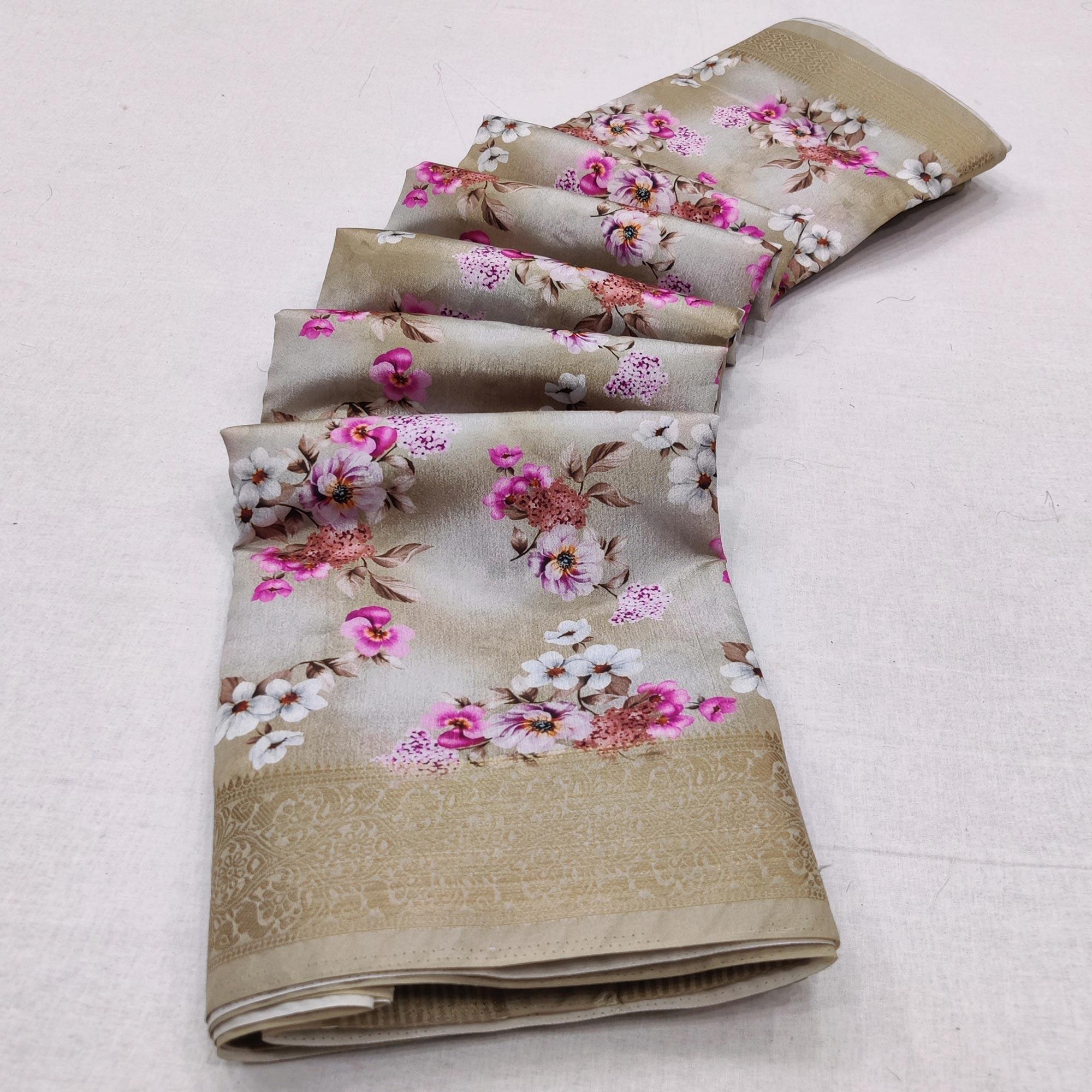 Chikoo Digital Printed Dola Silk Saree - Peachmode