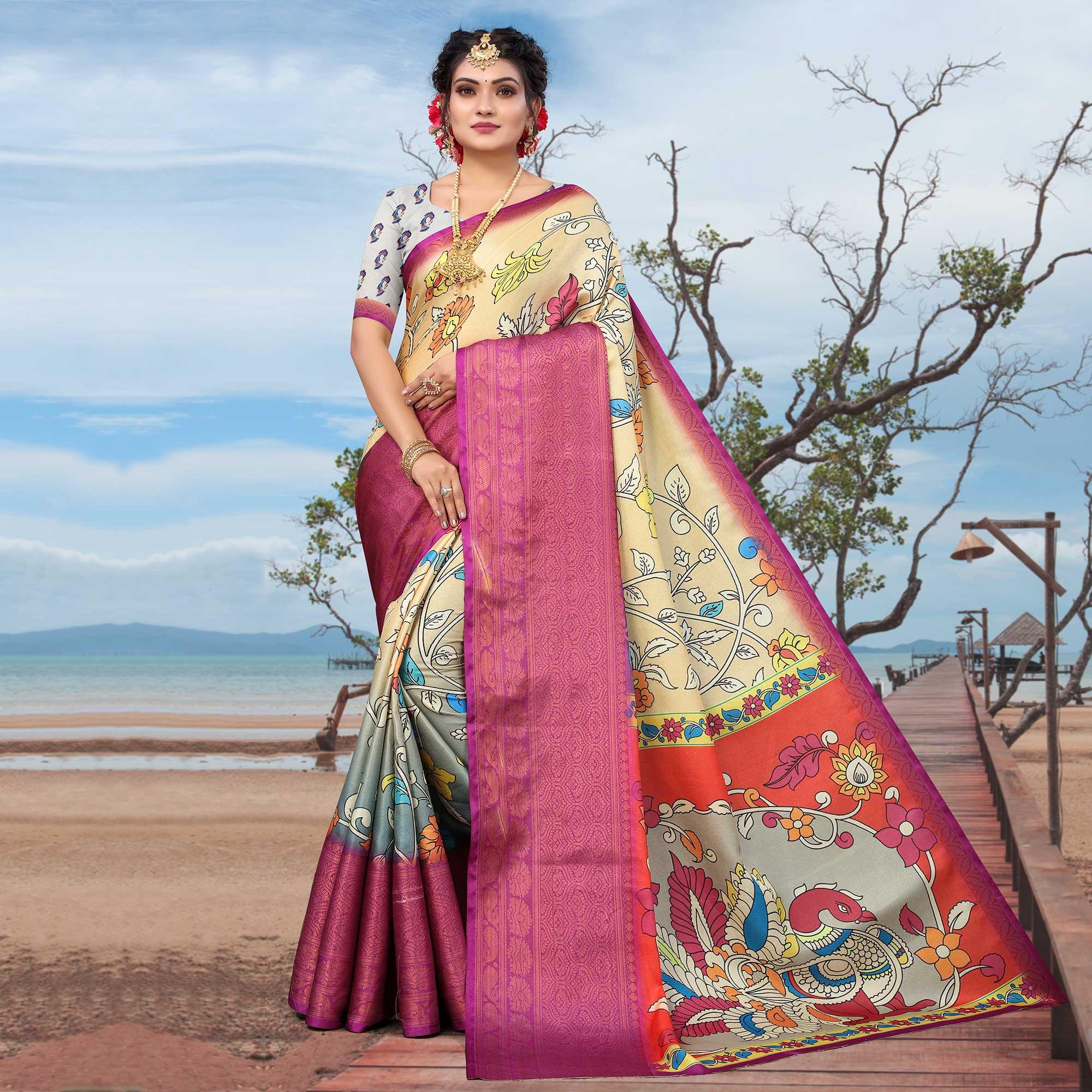 Chikoo Digital Printed Khaadi Saree - Peachmode