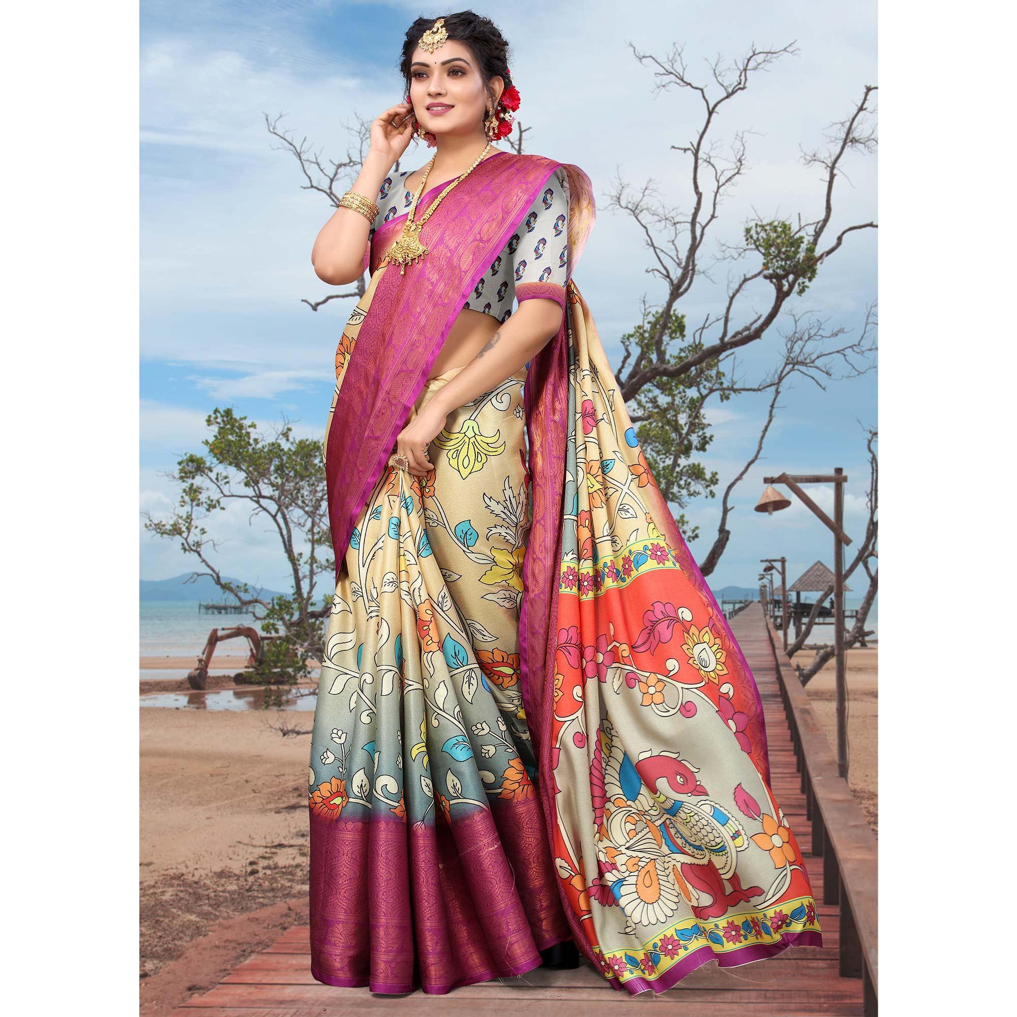 Chikoo Digital Printed Khaadi Saree - Peachmode