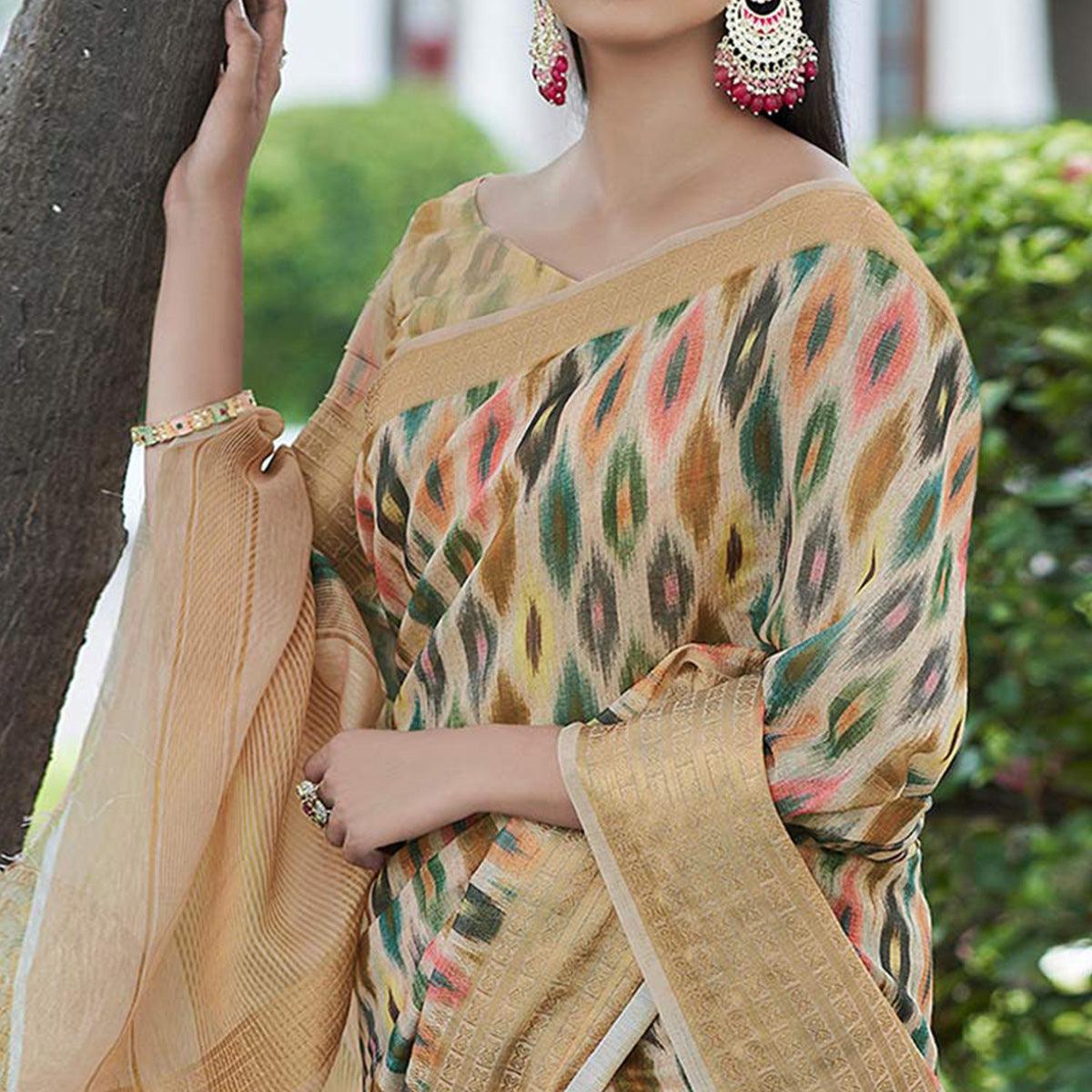 Chikoo Digital Printed Linen Saree - Peachmode