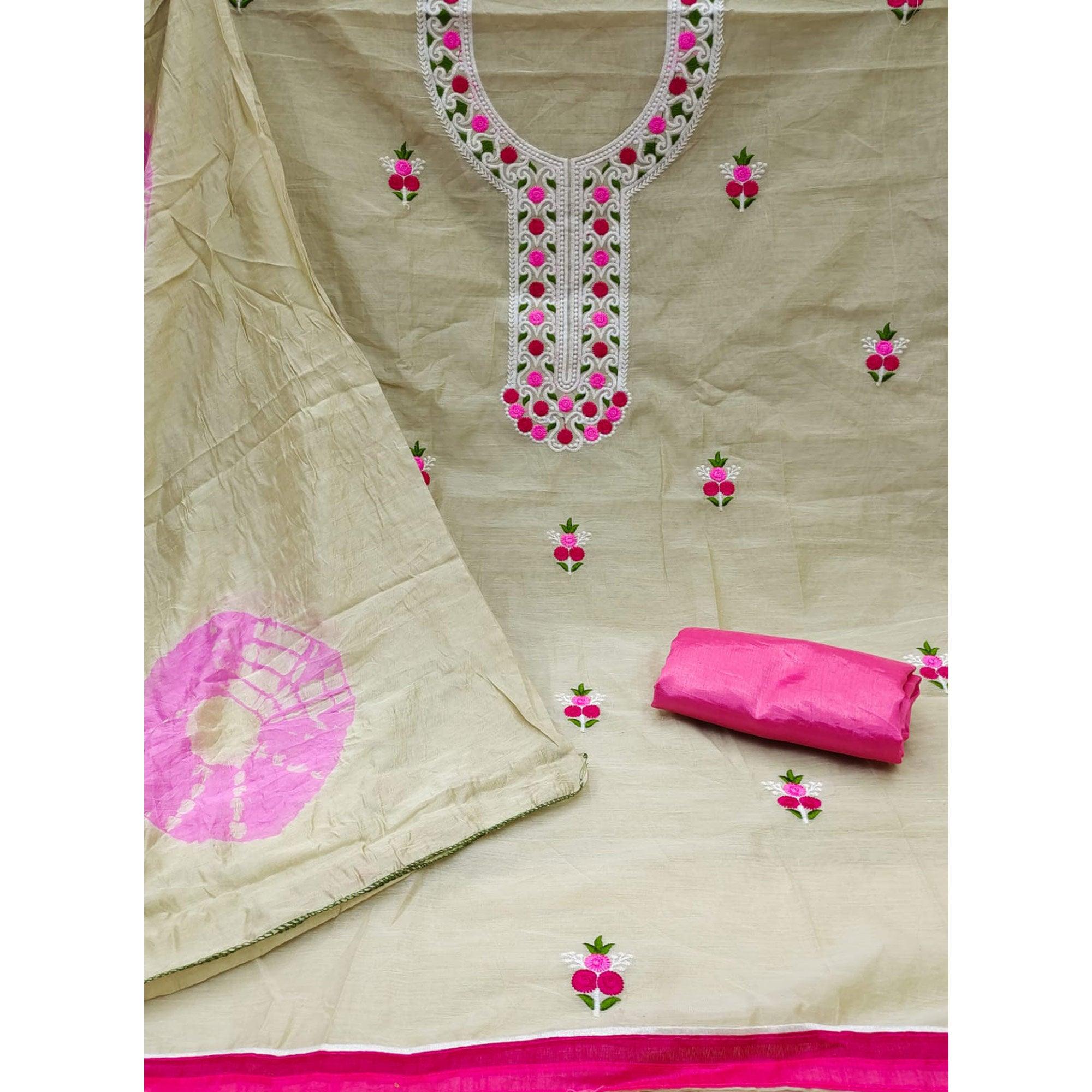 Chikoo Embroidered Chanderi Dress Material - Peachmode