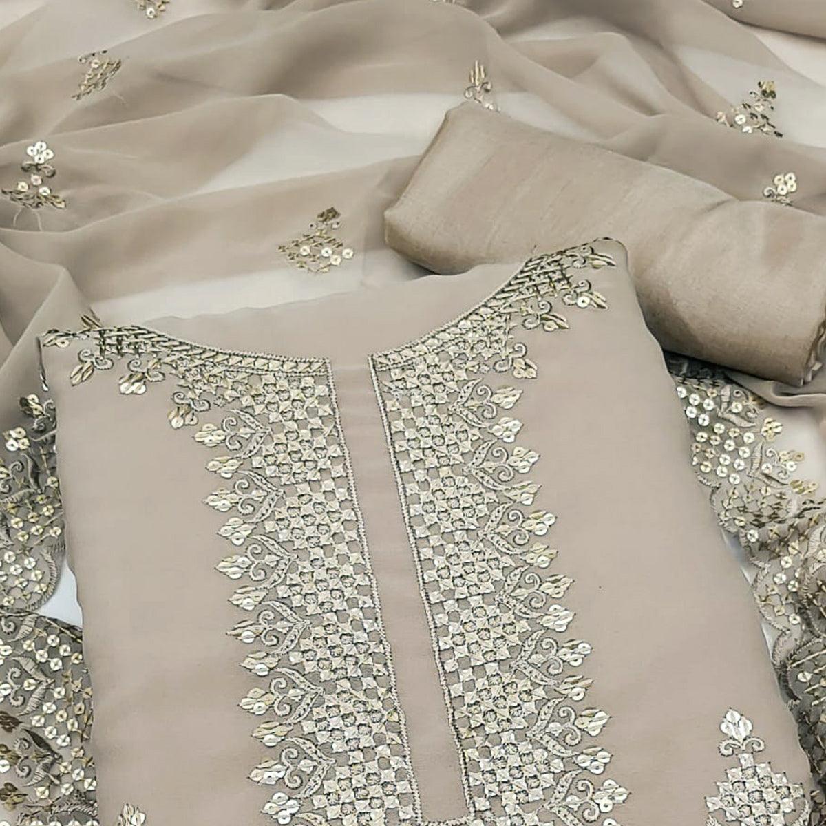 Chikoo Embroidered Georgette Dress Material - Peachmode