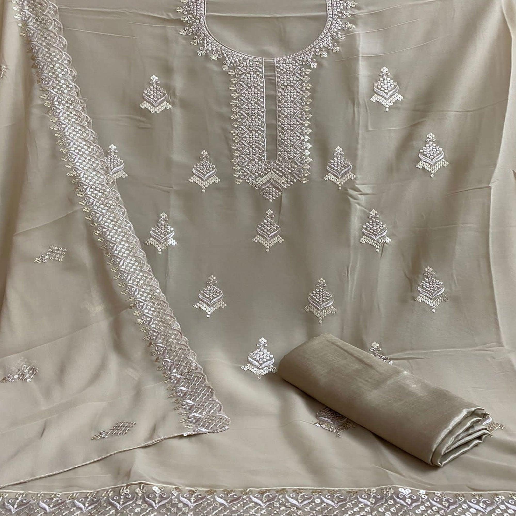 Chikoo Embroidered Georgette Dress Material - Peachmode