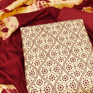 Chikoo Embroidered Pure Silk Dress Material - Peachmode