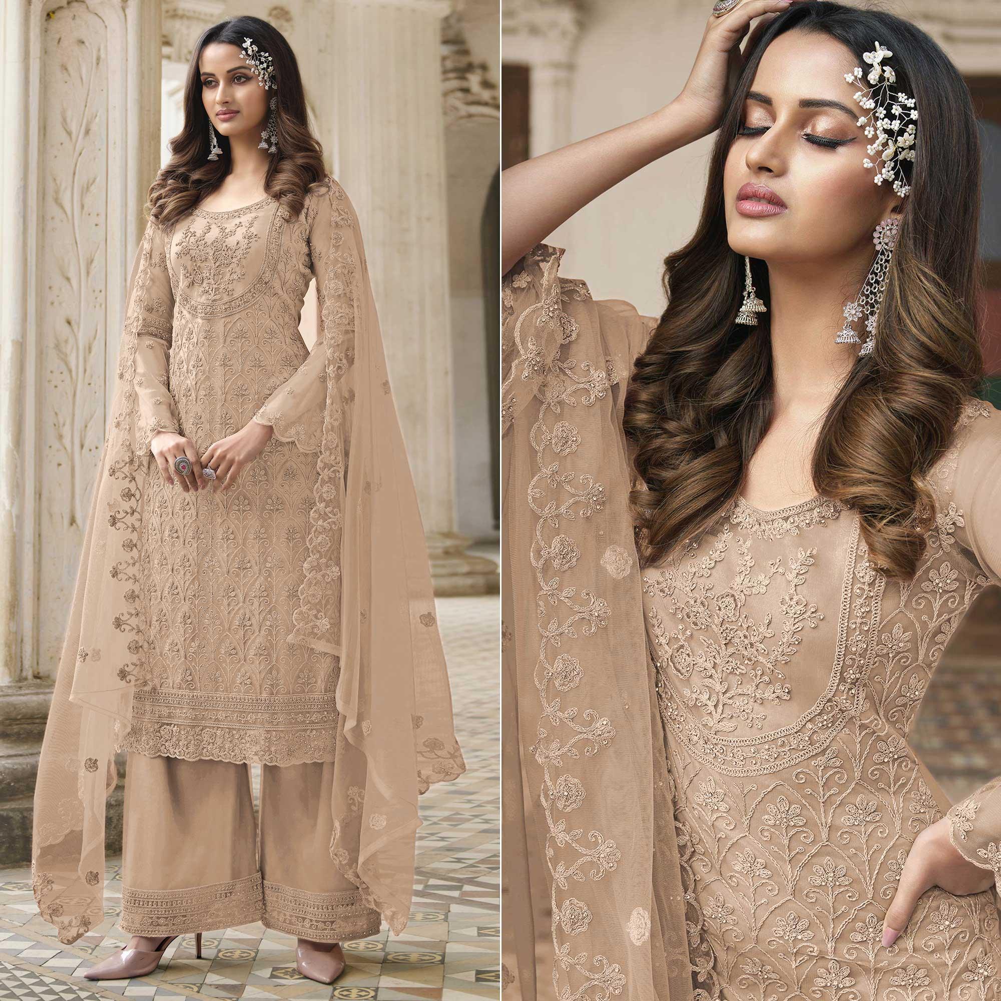 Chikoo Embroidered With Embellished Net Palazzo Suit - Peachmode