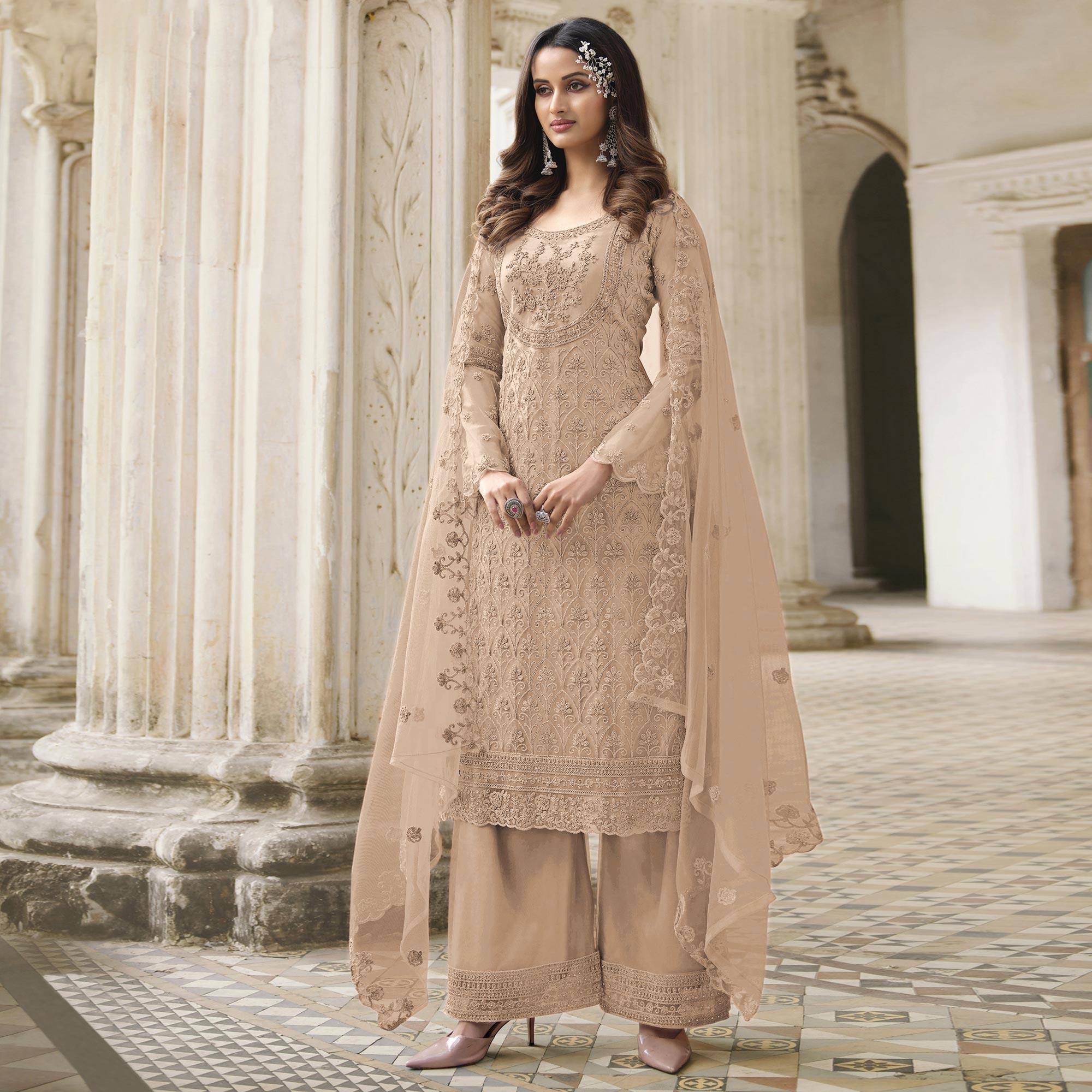 Chikoo Embroidered With Embellished Net Palazzo Suit - Peachmode