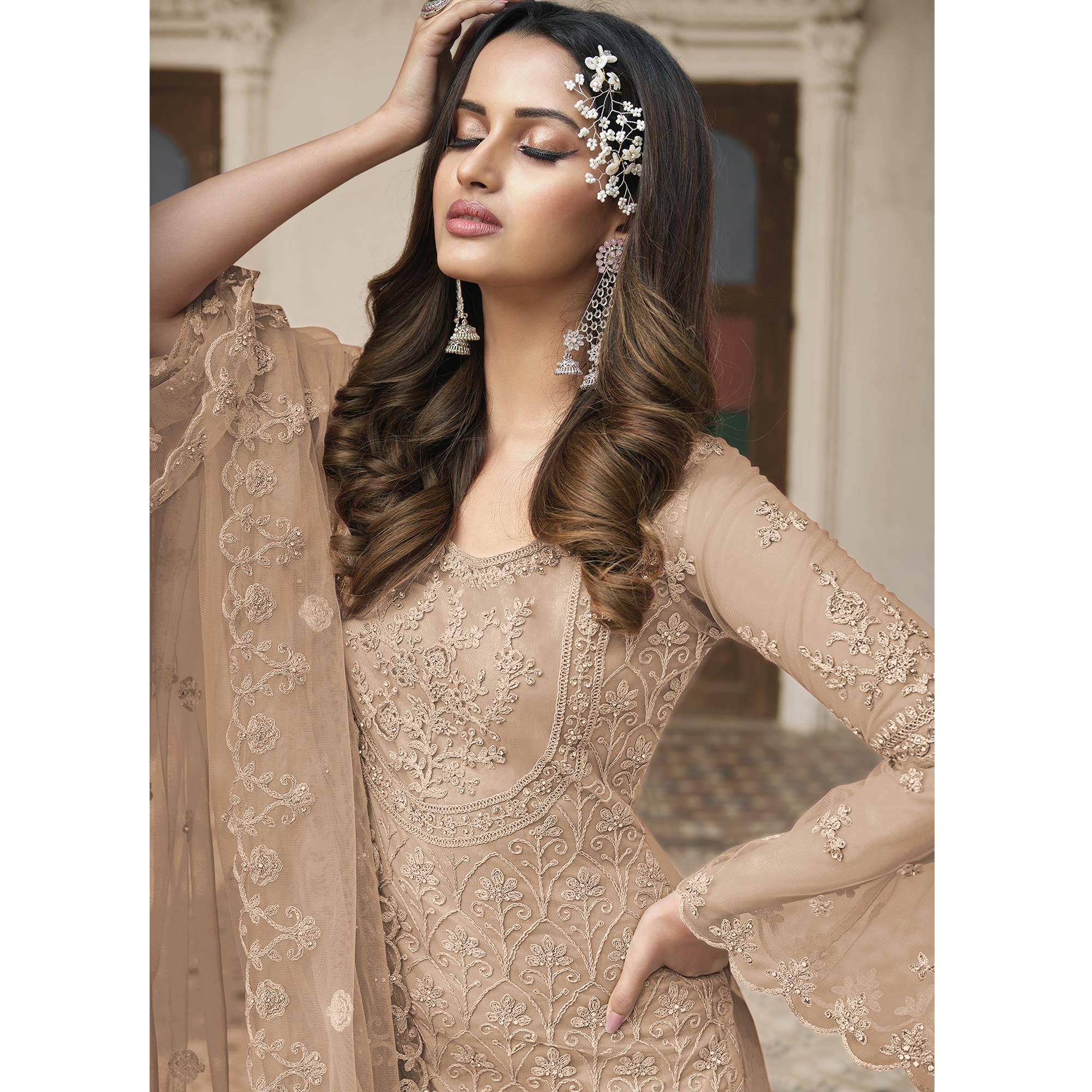 Chikoo Embroidered With Embellished Net Palazzo Suit - Peachmode