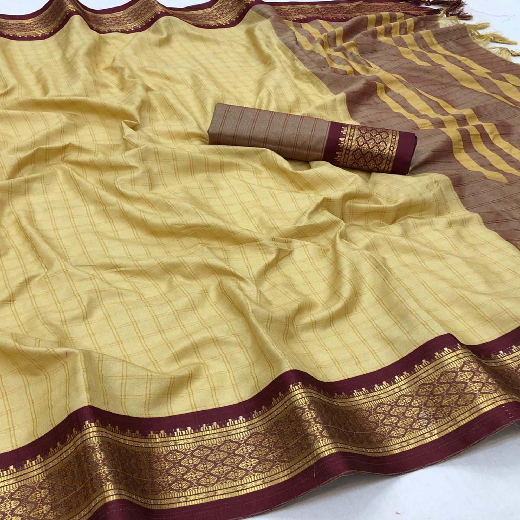 Chikoo Festive Wear Checks With Woven Border Cotton Silk Saree - Peachmode