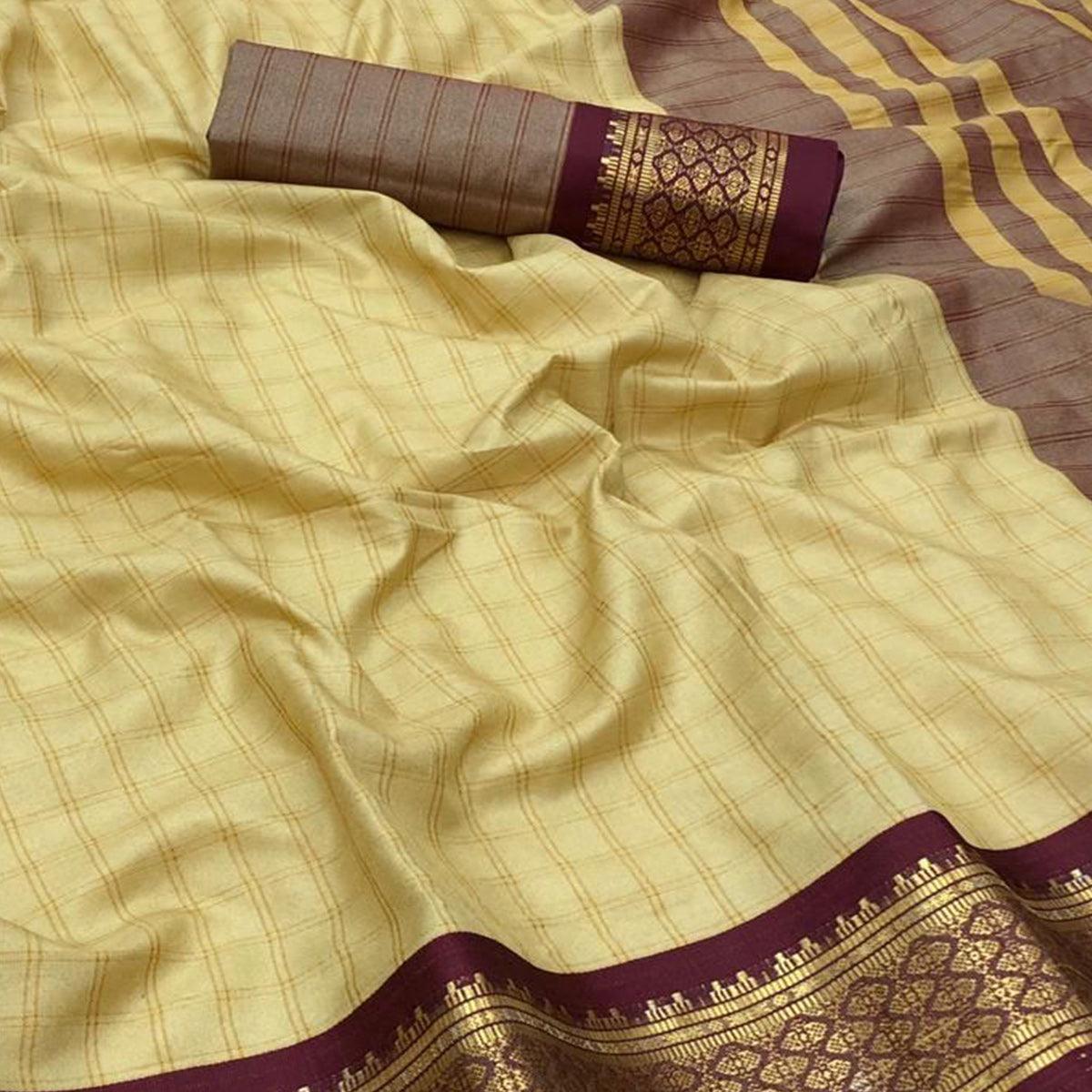 Chikoo Festive Wear Checks With Woven Border Cotton Silk Saree - Peachmode