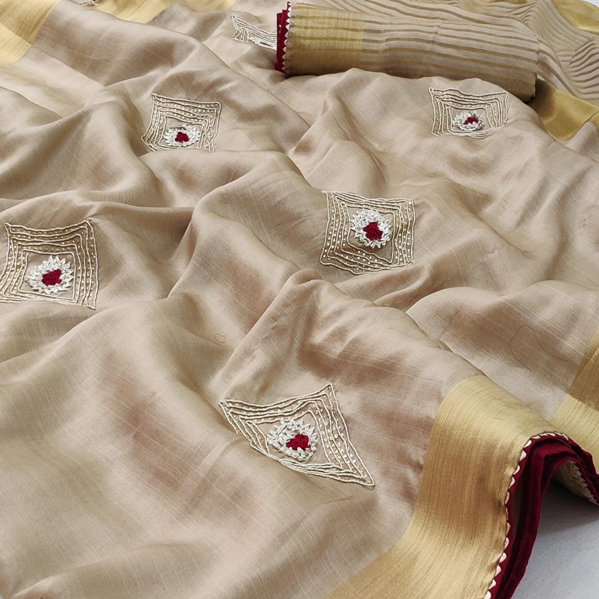 Chikoo Festive Wear Embroidered With Woven Soft Silk Saree - Peachmode
