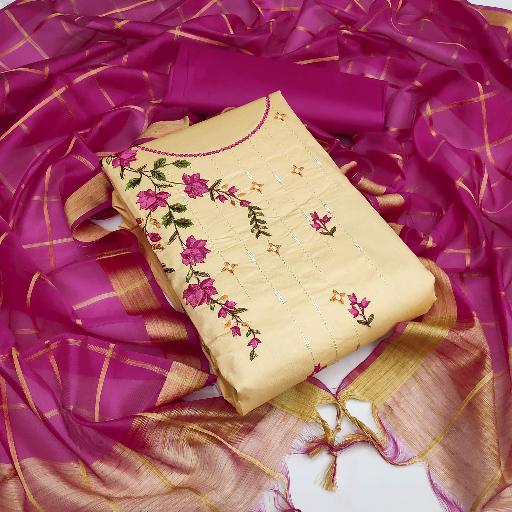 Chikoo Festive Wear Floral Embroidery With Sequence Cotton Dress Material - Peachmode