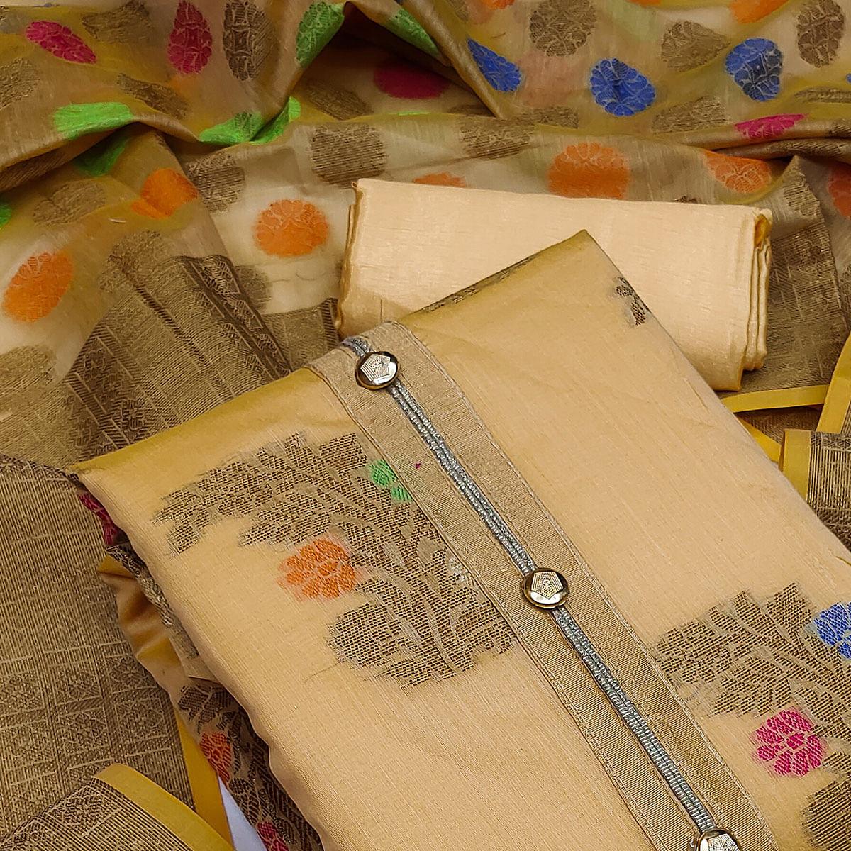 Chikoo Festive Wear Floral Woven Banarasi Silk Dress Material - Peachmode