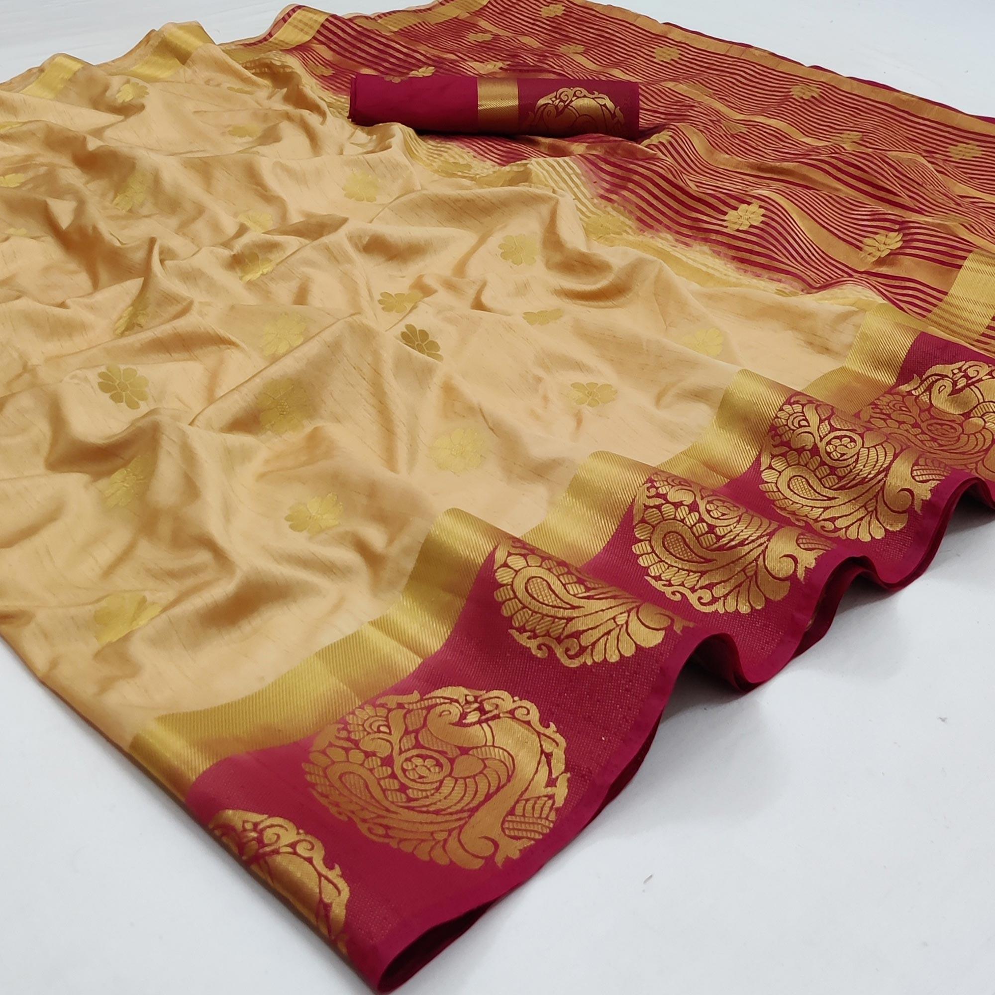 Chikoo Festive Wear Jacquard Border Soft Silk Saree - Peachmode
