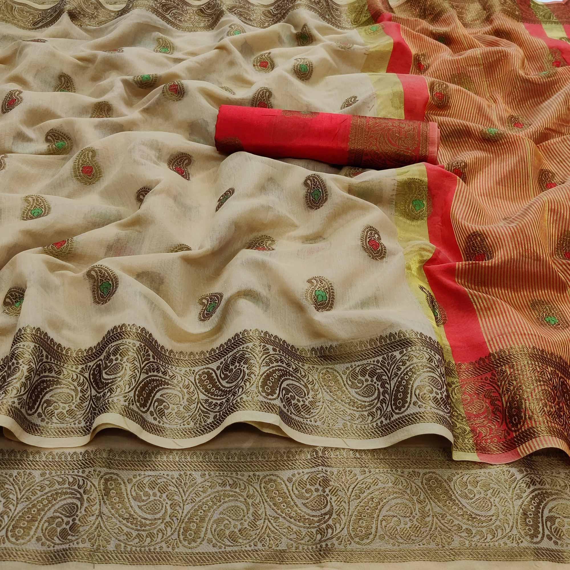 Chikoo Festive Wear Woven Border With Butta Work Cotton Saree - Peachmode