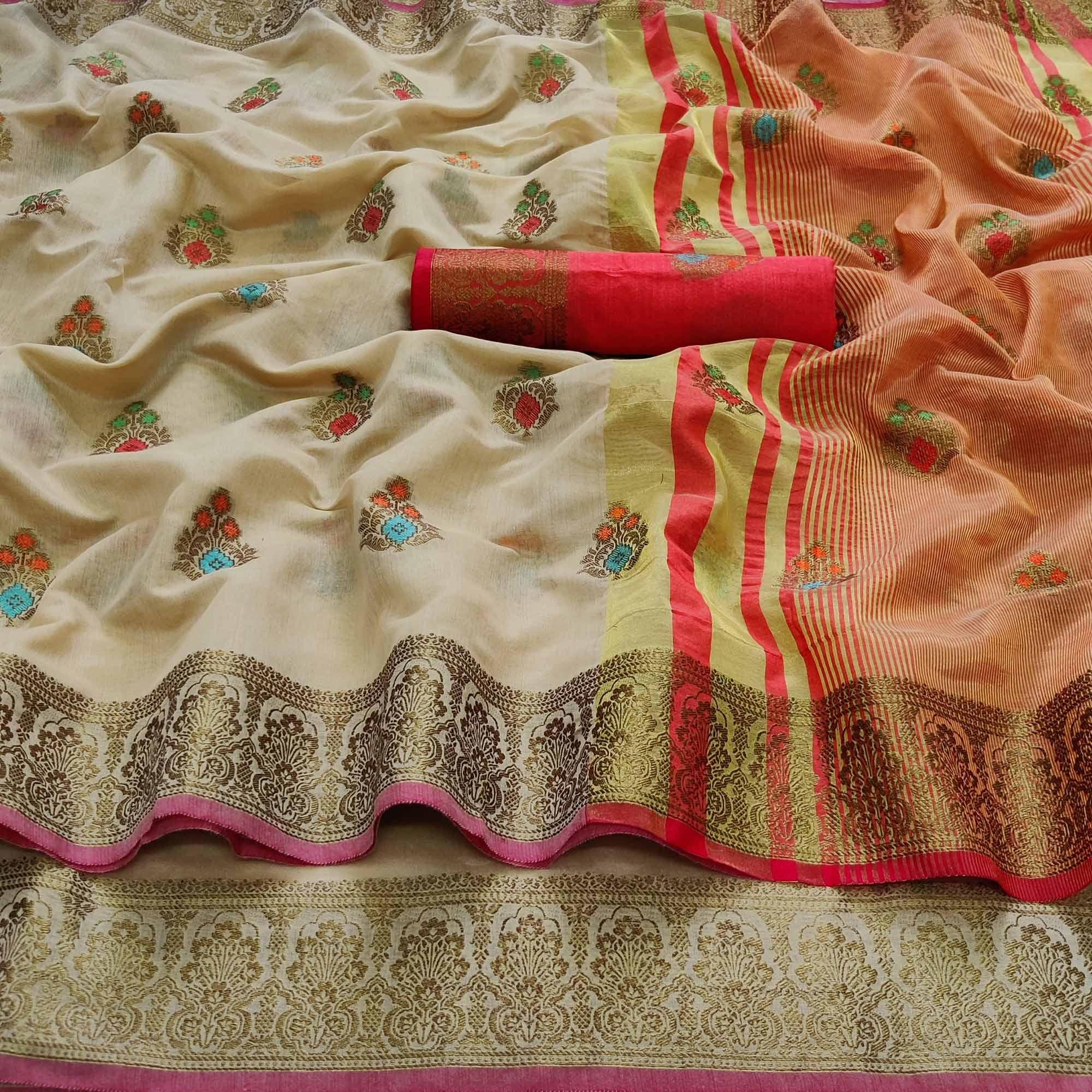 Chikoo Festive Wear Woven Border With Butta Work Cotton Saree - Peachmode