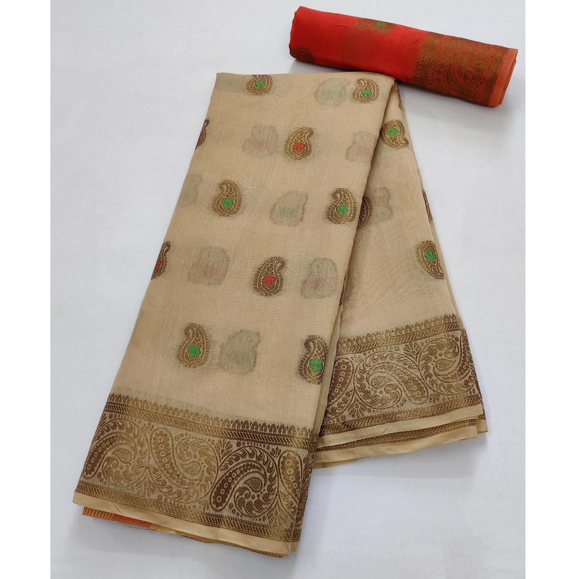Chikoo Festive Wear Woven Border With Butta Work Cotton Saree - Peachmode