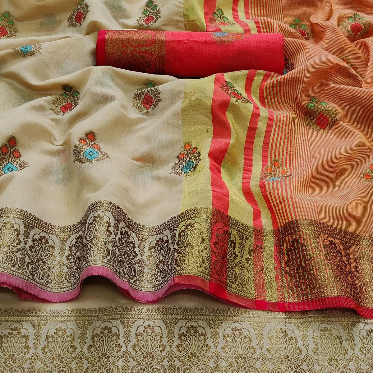 Chikoo Festive Wear Woven Border With Butta Work Cotton Saree - Peachmode