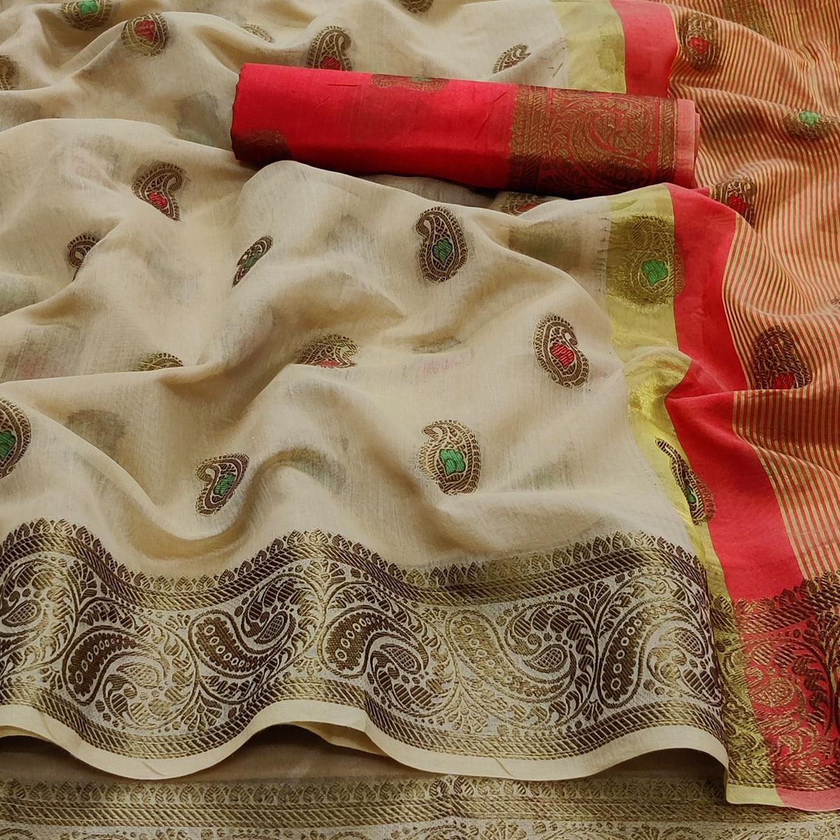 Chikoo Festive Wear Woven Border With Butta Work Cotton Saree - Peachmode