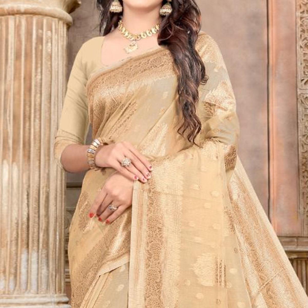 Chikoo Festive Wear Woven Chanderi Silk Saree - Peachmode