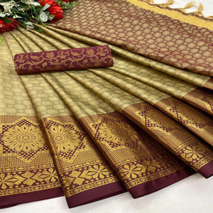 Chikoo Festive Wear Woven Cotton Silk Saree - Peachmode