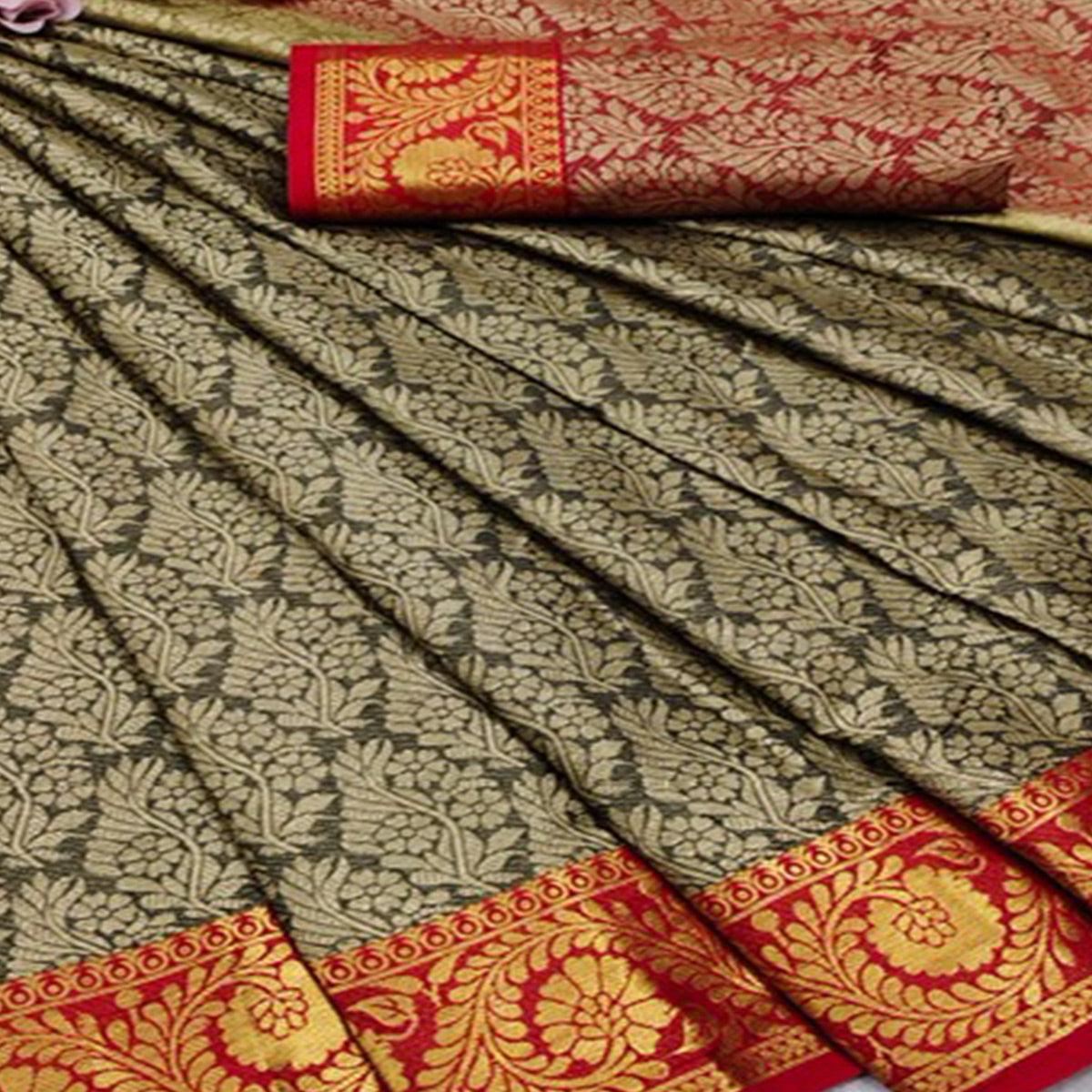 Chikoo Festive Wear Woven Cotton Silk Saree - Peachmode