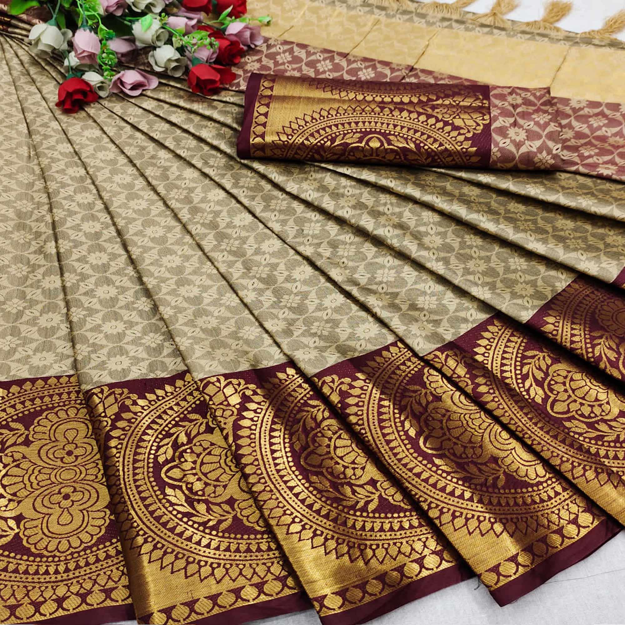 Chikoo Festive Wear Woven Desginer Cotton Silk Saree - Peachmode