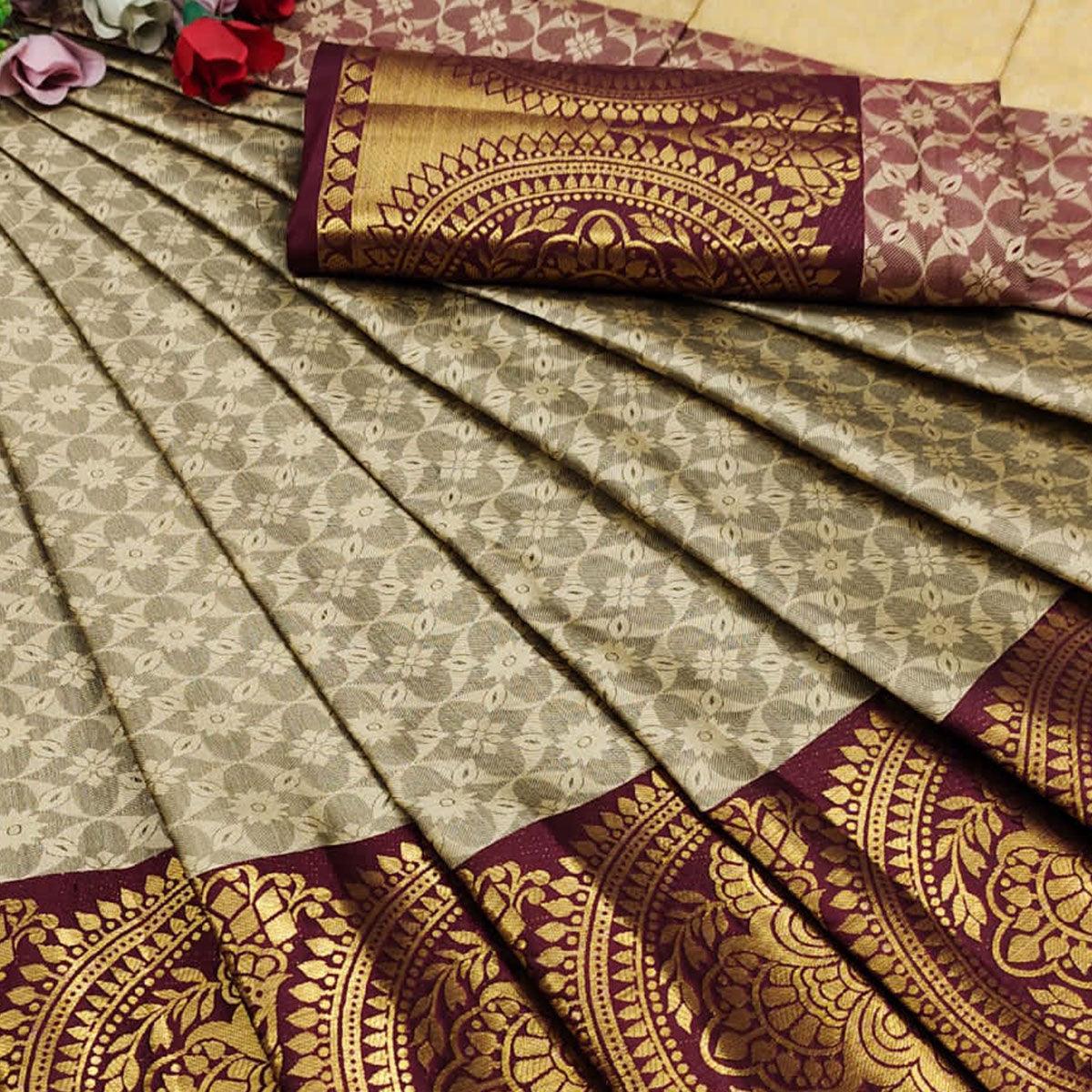 Chikoo Festive Wear Woven Desginer Cotton Silk Saree - Peachmode