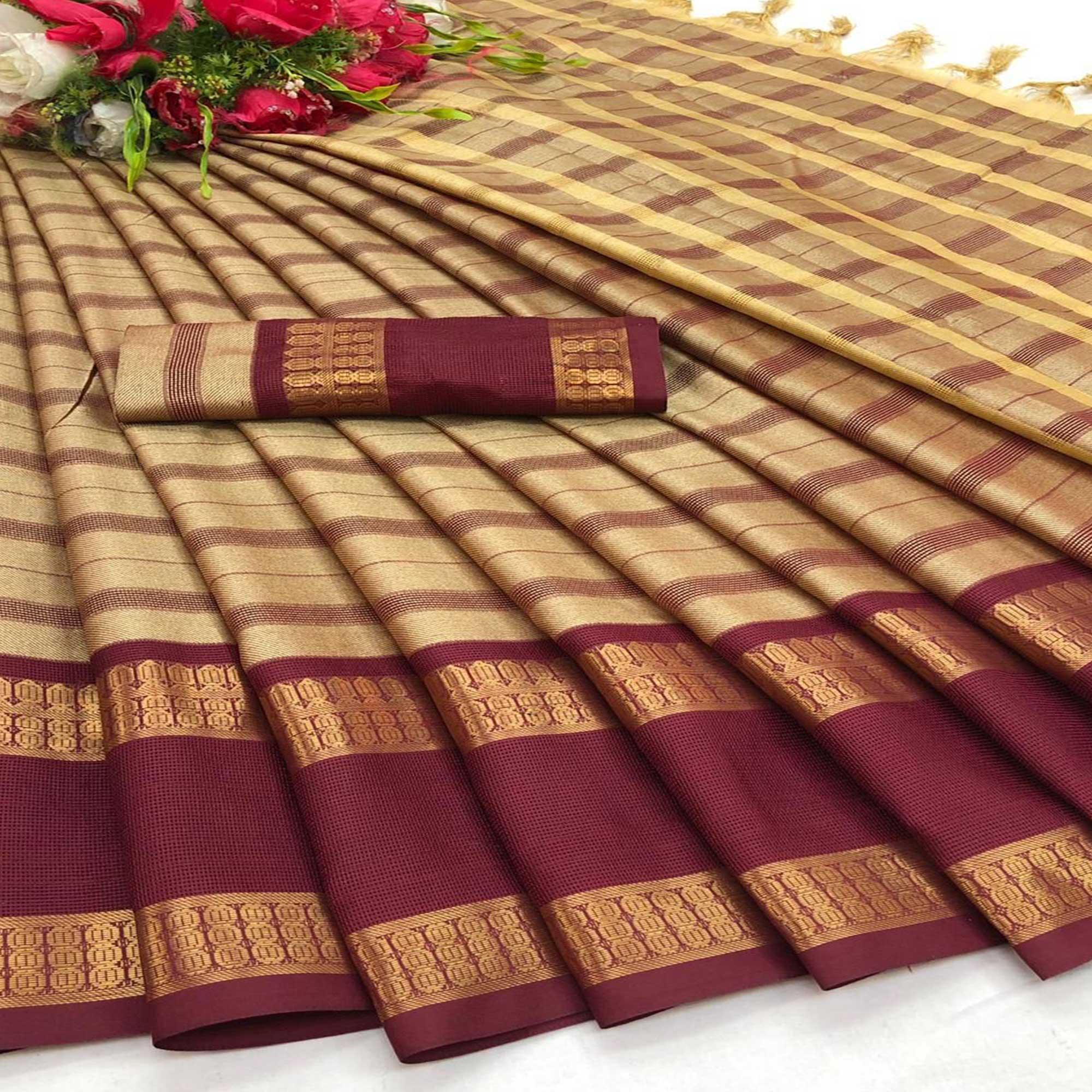 Chikoo Festive Wear Woven Heavy Rich Cotton Silk Saree - Peachmode