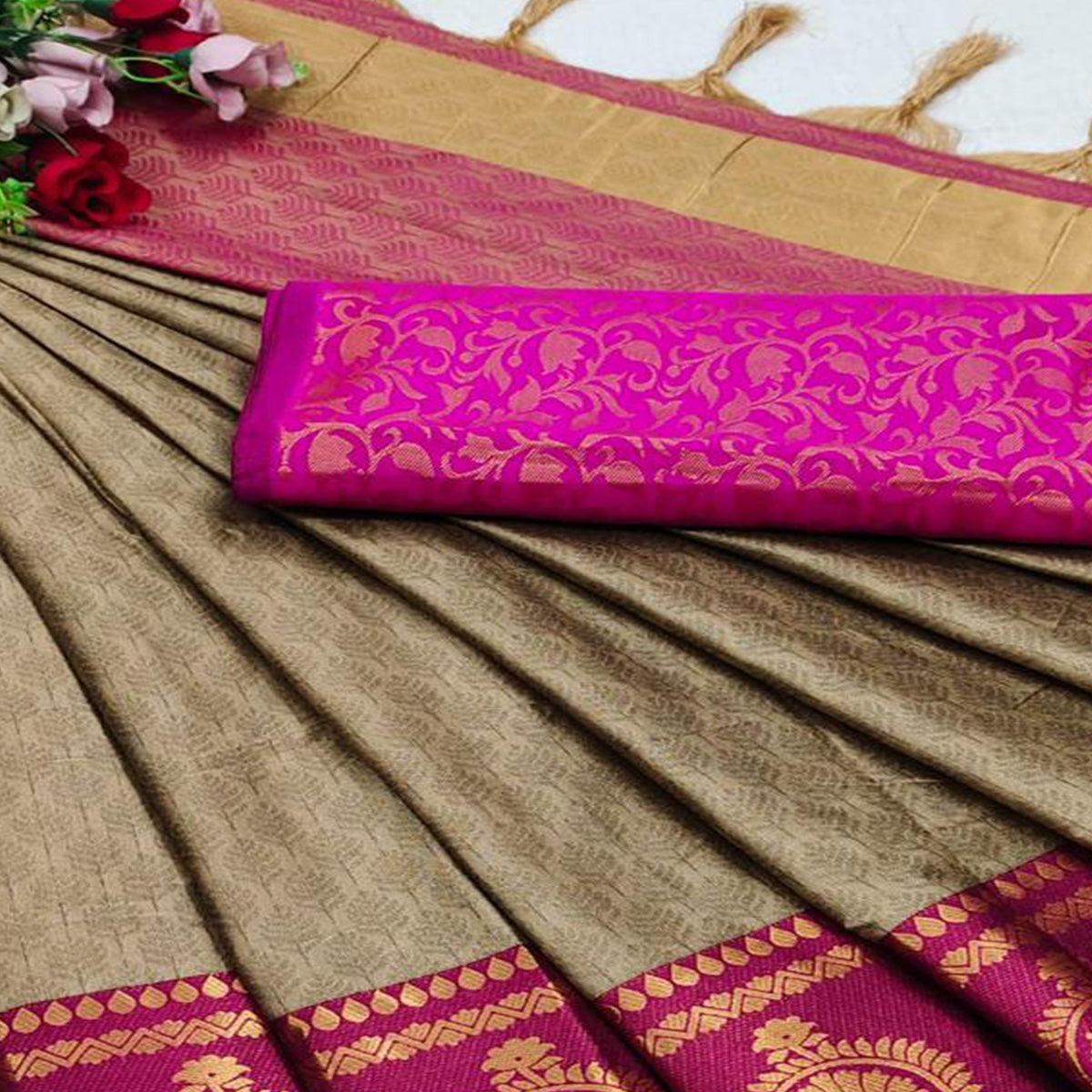 Chikoo Festive Wear Woven Heavy Rich Cotton Silk Saree - Peachmode