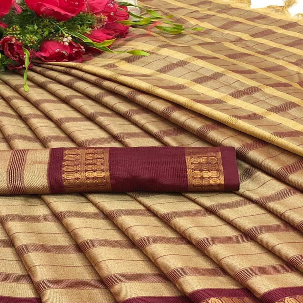 Chikoo Festive Wear Woven Heavy Rich Cotton Silk Saree - Peachmode