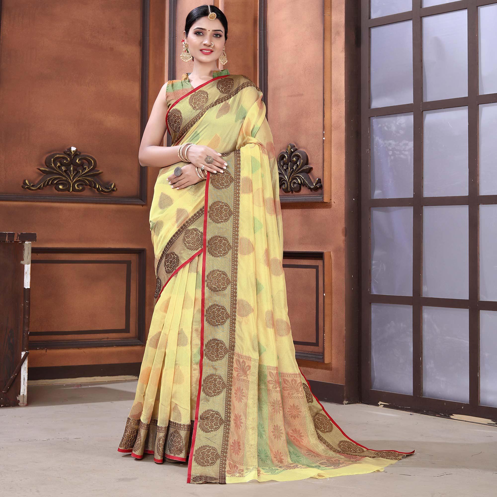 Chikoo Festive Wear Woven Organza Saree - Peachmode