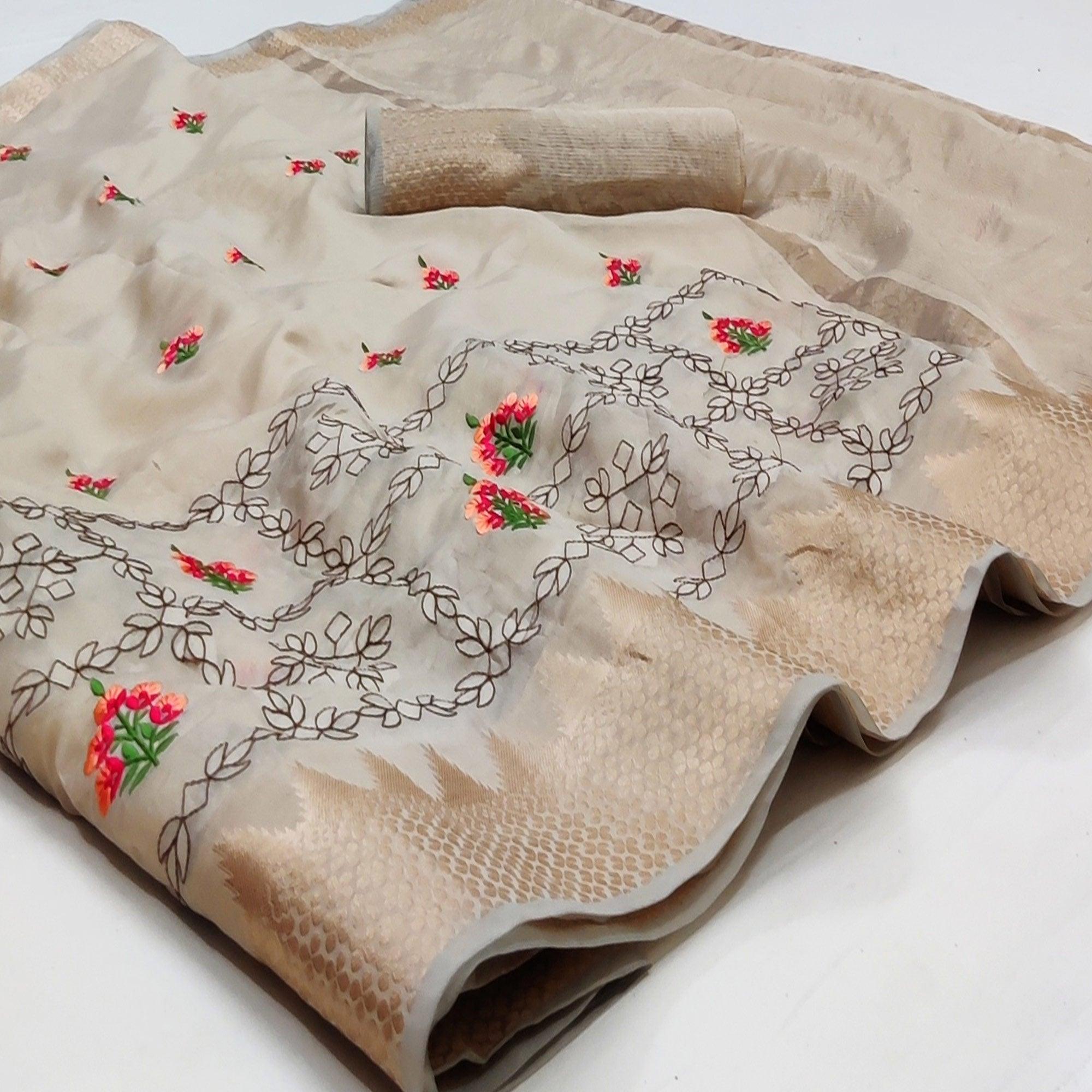 Chikoo Festive Wear Woven Organza Saree With Floral Embroidery Butta Work - Peachmode