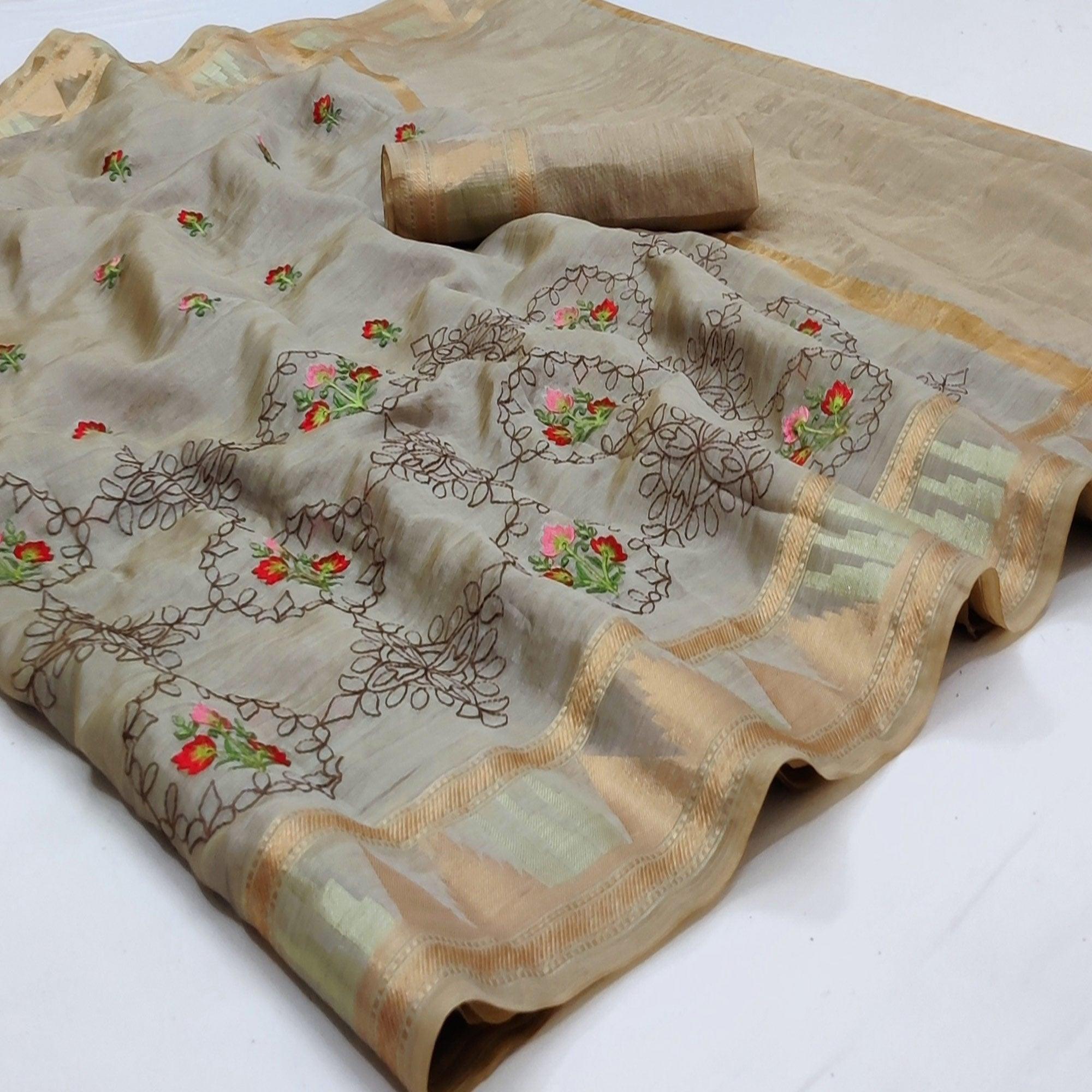 Chikoo Festive Wear Woven Organza Saree With Floral Embroidery Butta Work - Peachmode