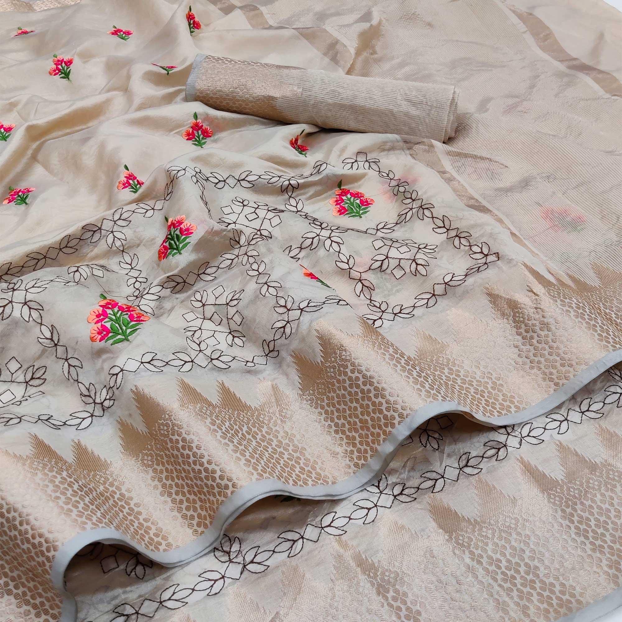Chikoo Festive Wear Woven Organza Saree With Floral Embroidery Butta Work - Peachmode