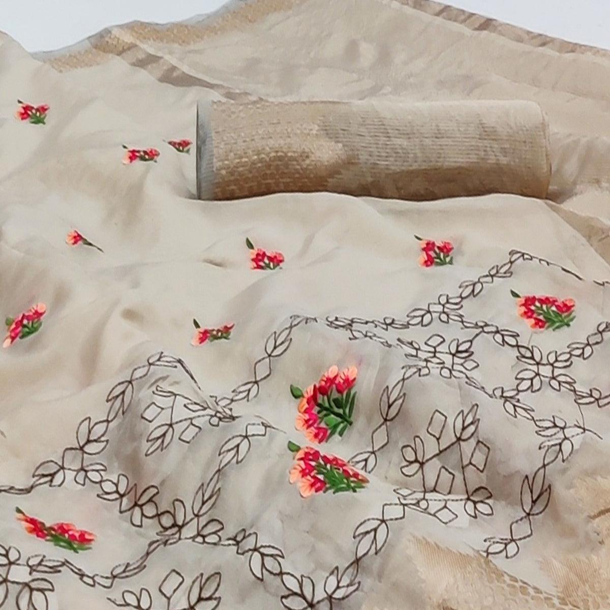 Chikoo Festive Wear Woven Organza Saree With Floral Embroidery Butta Work - Peachmode