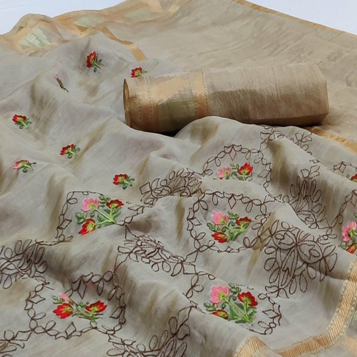 Chikoo Festive Wear Woven Organza Saree With Floral Embroidery Butta Work - Peachmode