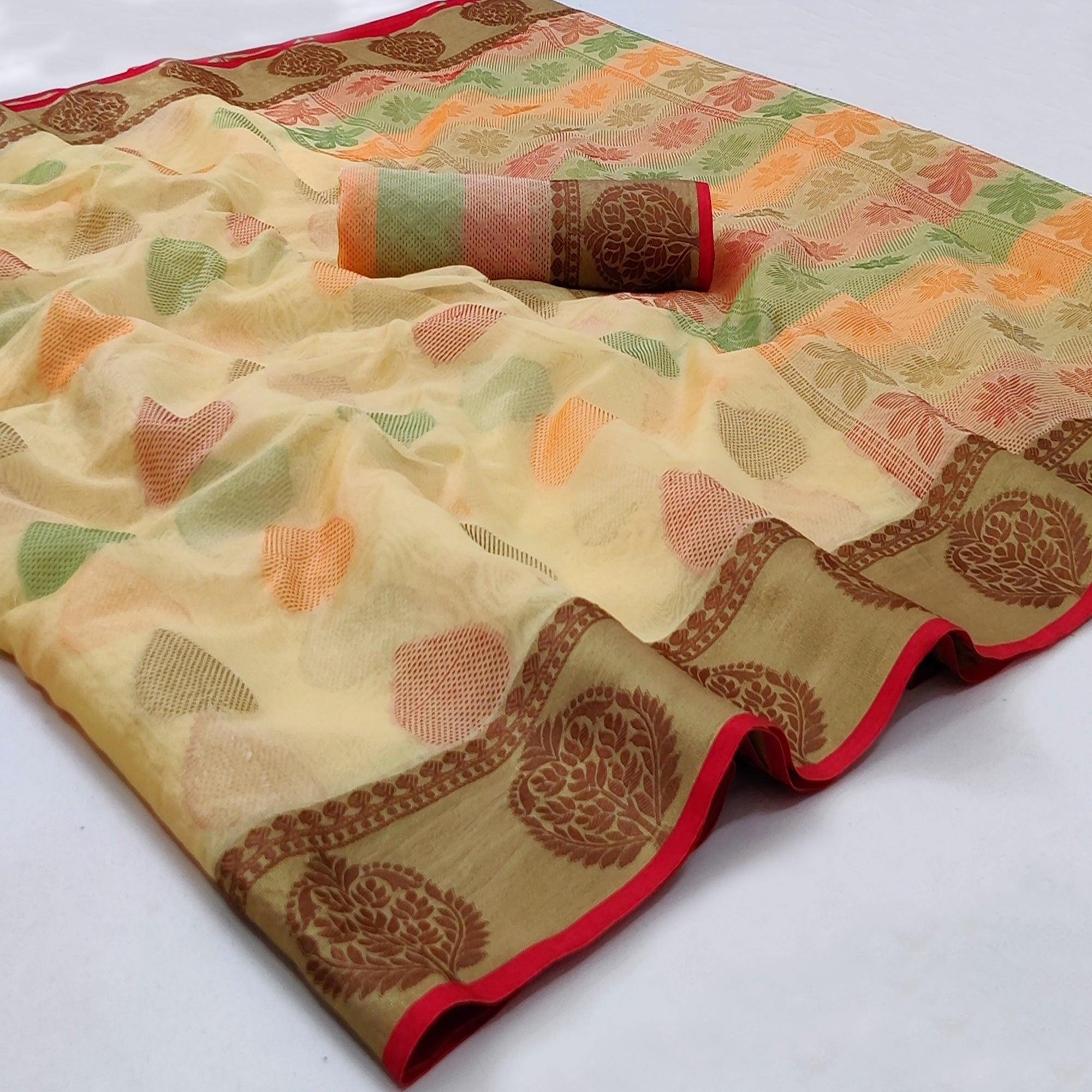 Chikoo Festive Wear Woven Rich Pallu Organza Saree - Peachmode