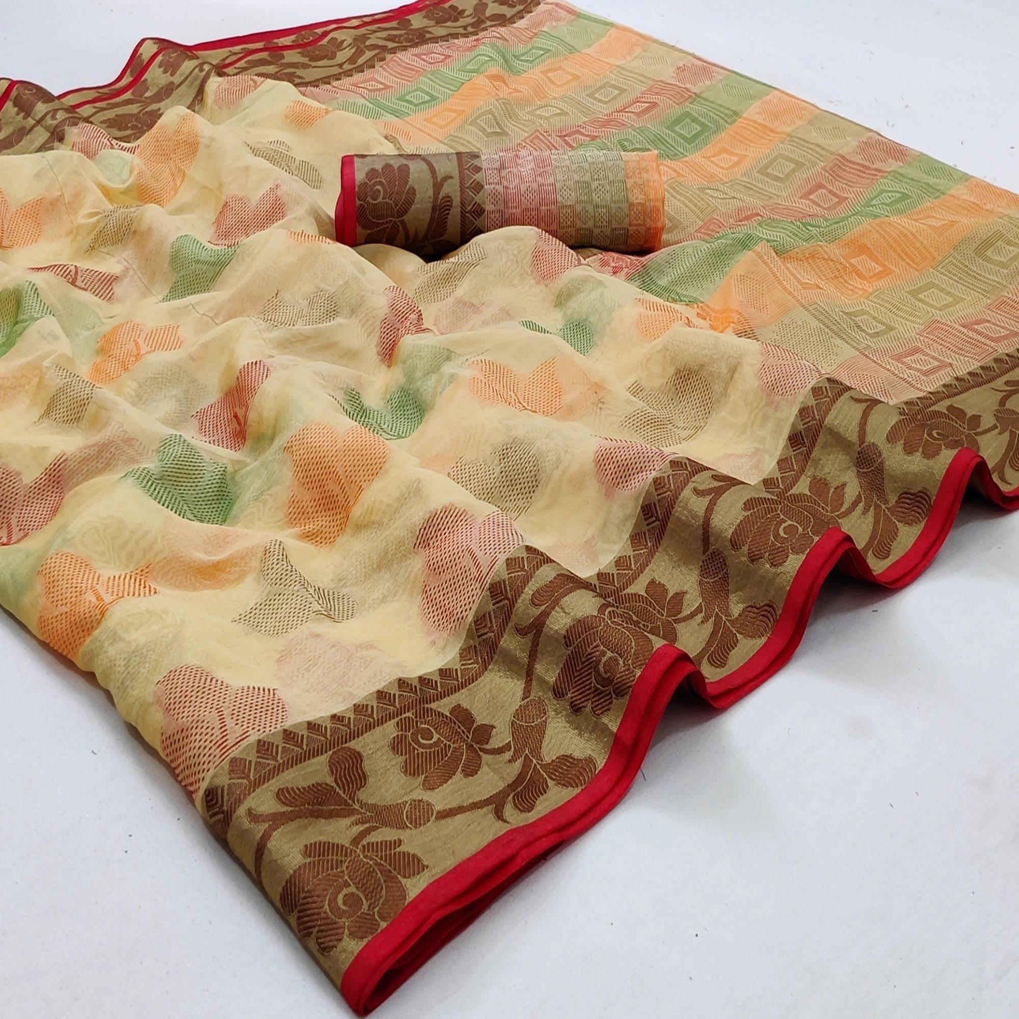 Chikoo Festive Wear Woven Rich Pallu Organza Saree - Peachmode