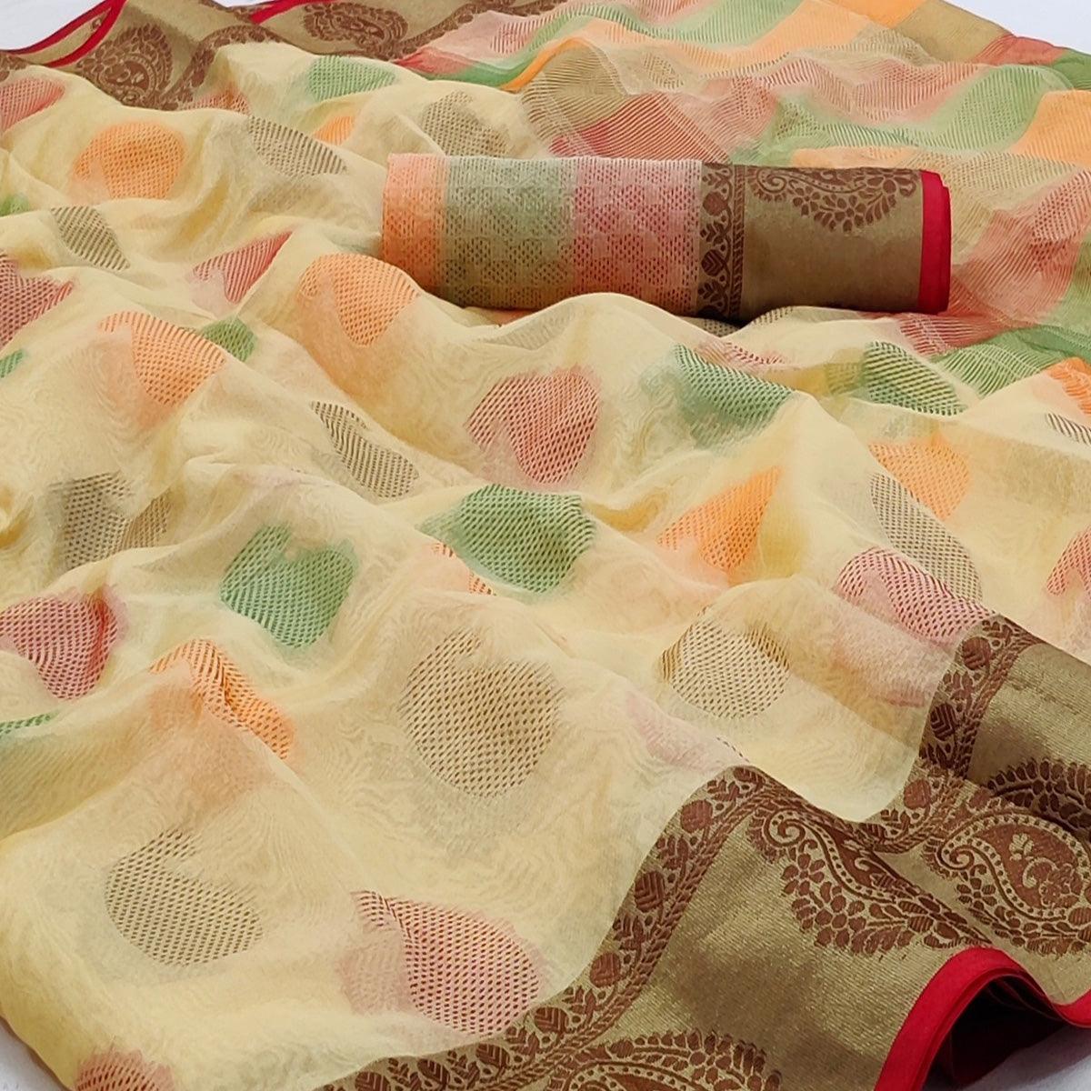 Chikoo Festive Wear Woven Rich Pallu Organza Saree - Peachmode