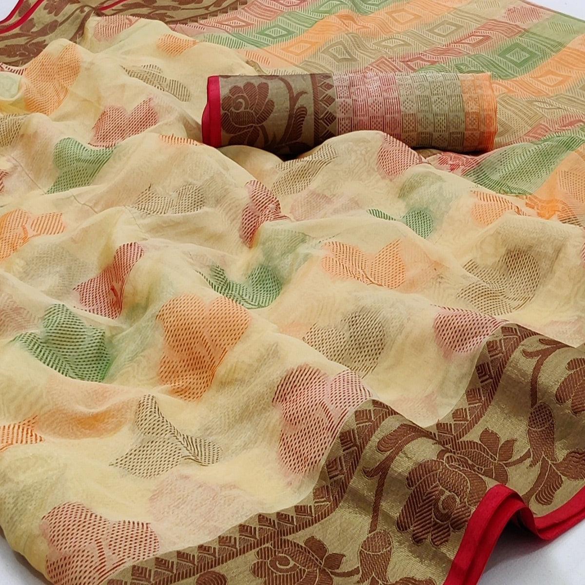 Chikoo Festive Wear Woven Rich Pallu Organza Saree - Peachmode