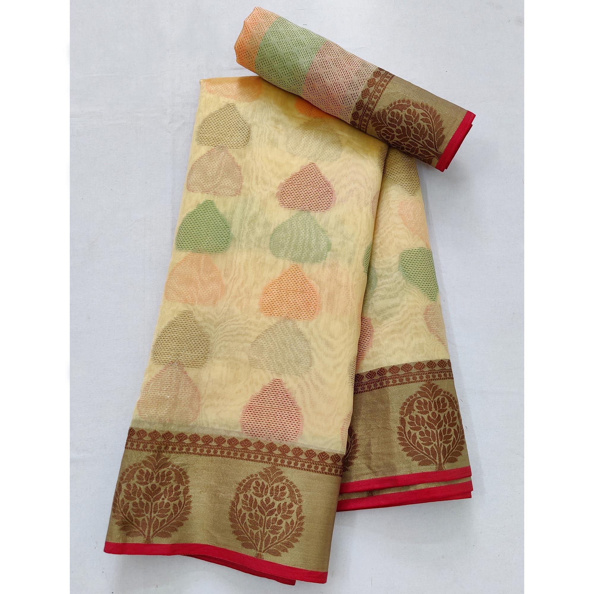 Chikoo Festive Wear Woven Rich Pallu Organza Saree - Peachmode