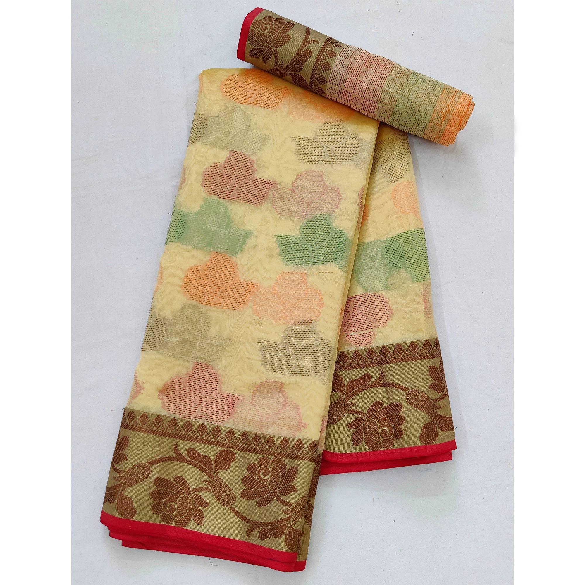 Chikoo Festive Wear Woven Rich Pallu Organza Saree - Peachmode